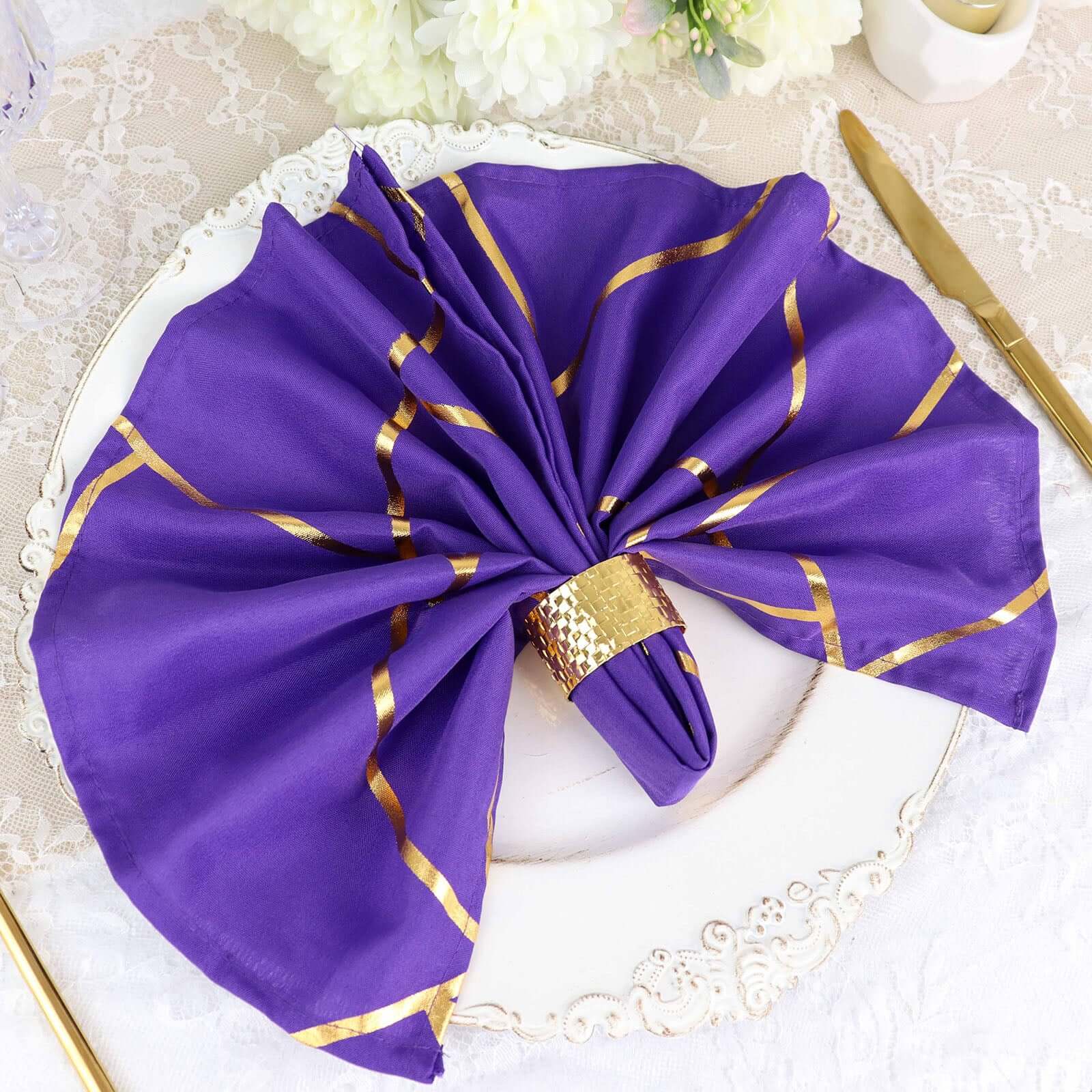 5 Pack Polyester 20"x20" Napkins Purple with Gold Geometric Foil Pattern - Modern Reusable Dinner Napkins