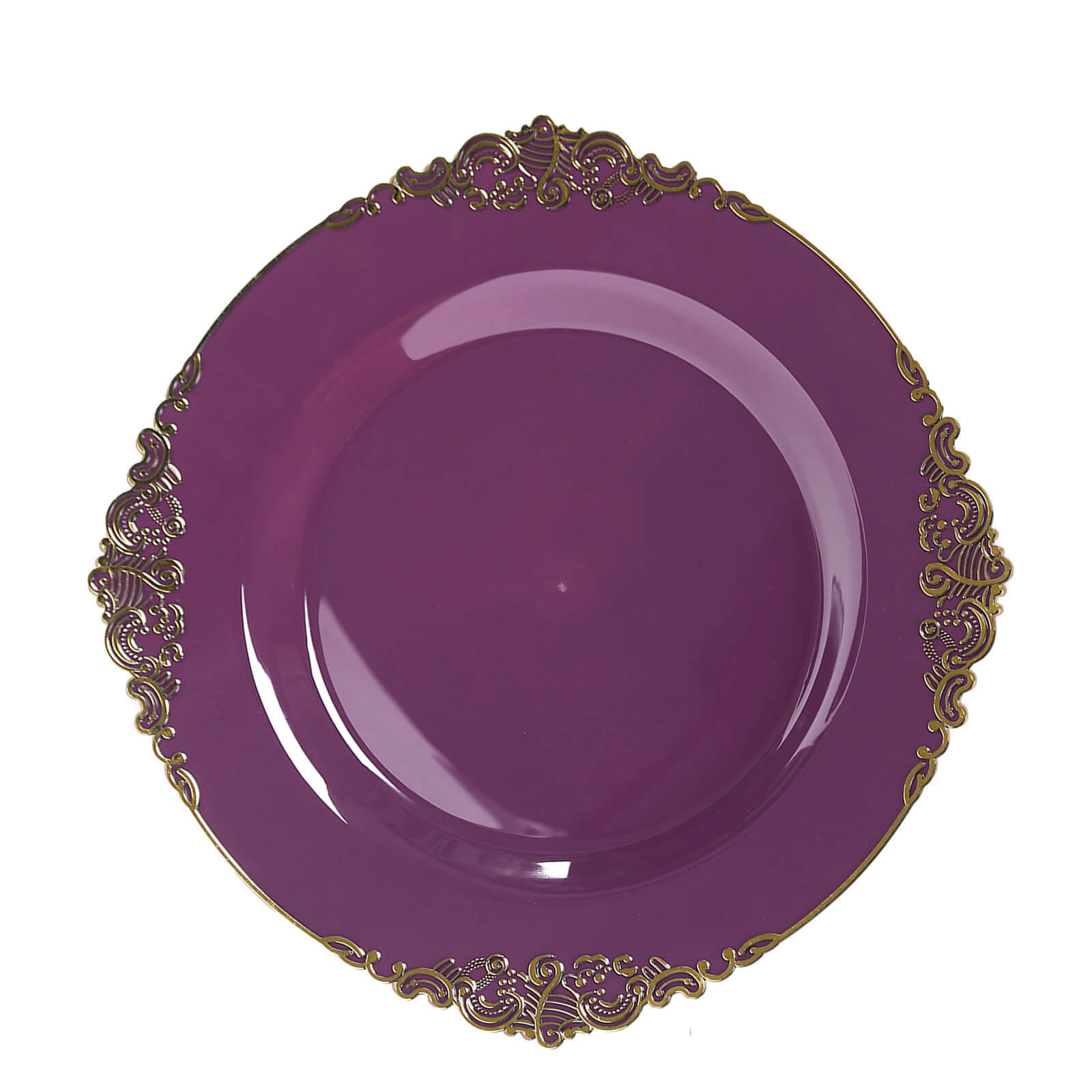 10-Pack Plastic 8" Round Dessert Plates in Purple with Gold Leaf Embossed Rim - Disposable Vintage Baroque Style Salad Plates