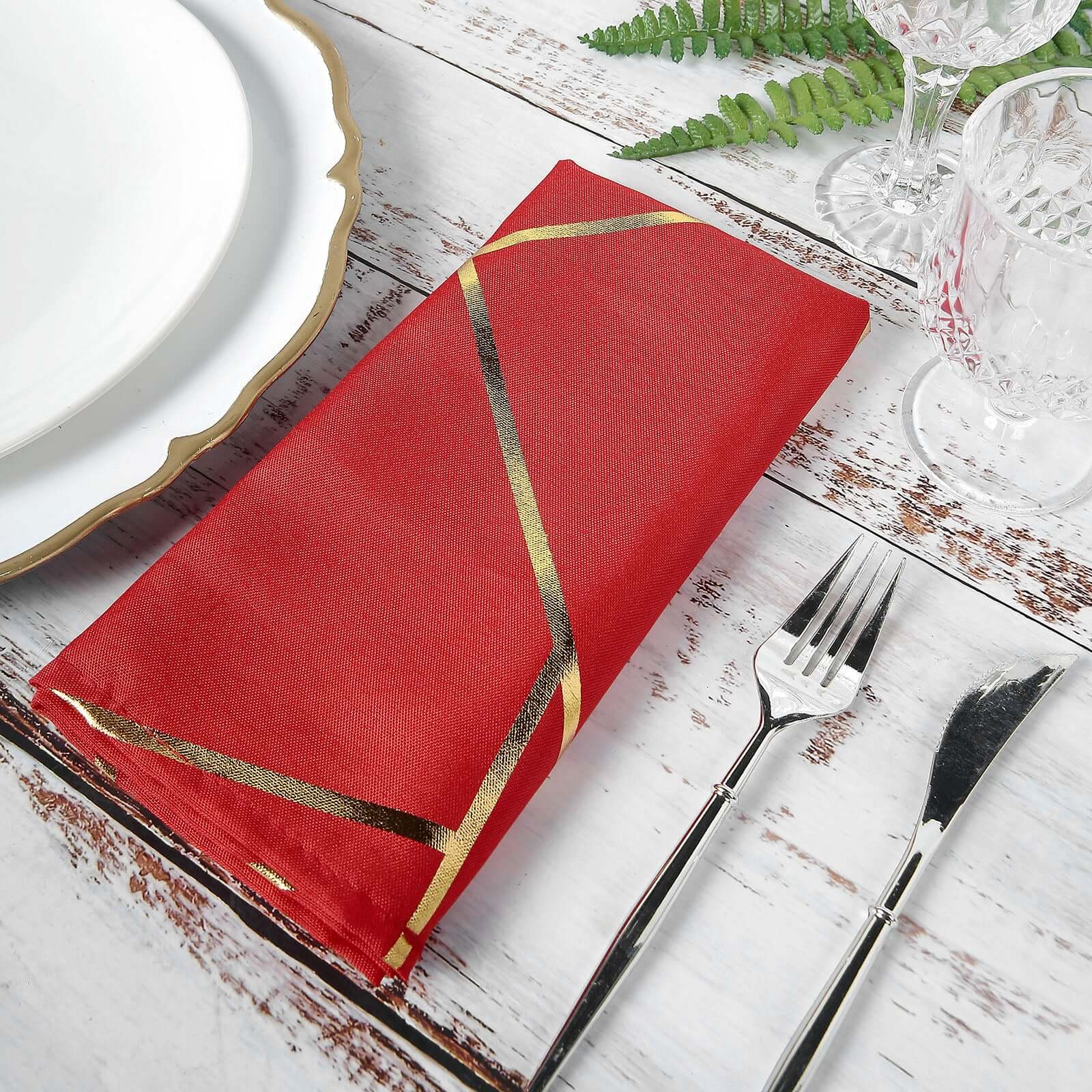 5 Pack Polyester 20"x20" Napkins Red with Gold Geometric Foil Pattern - Modern Reusable Dinner Napkins
