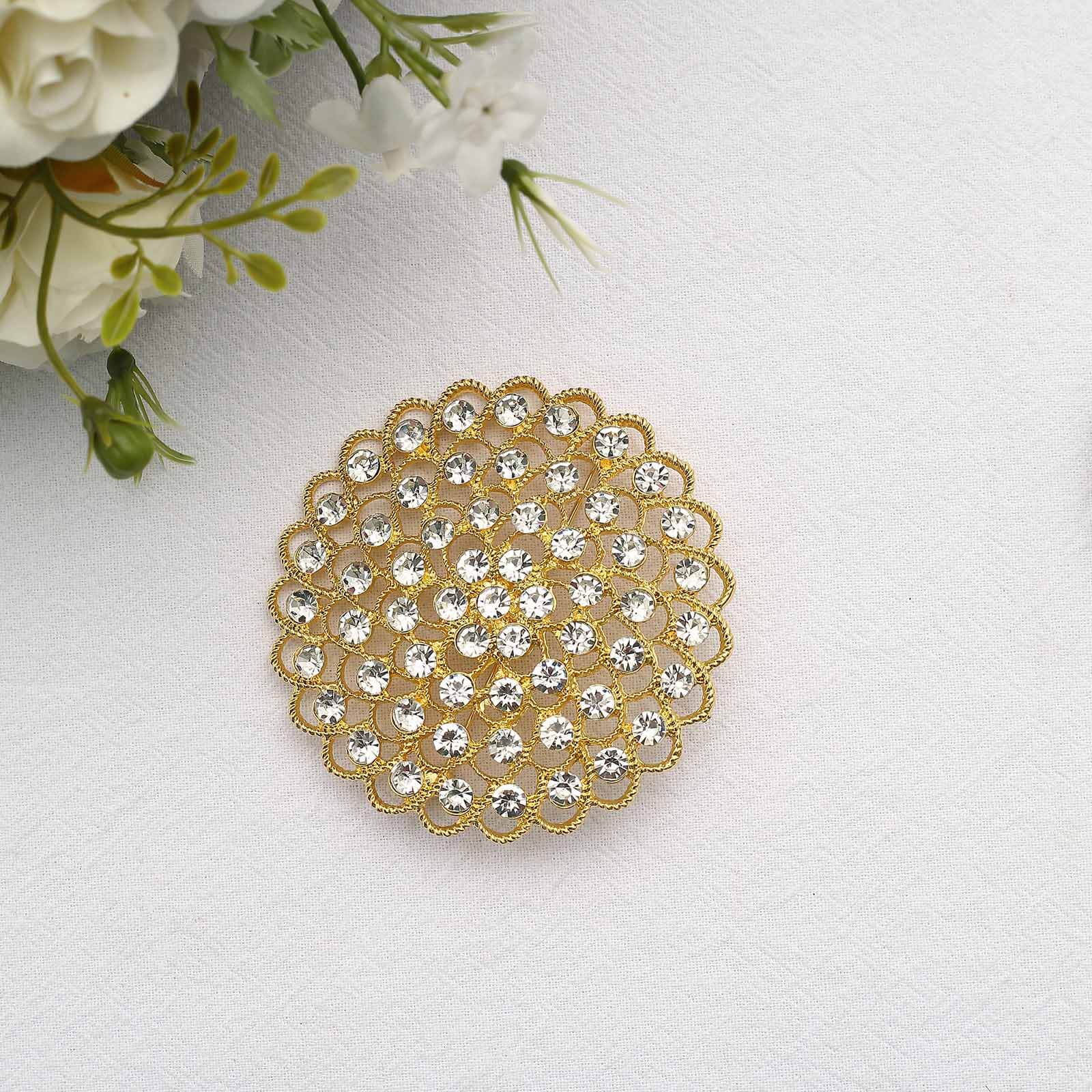 Rhinestone Metal Flower Chair Sash Band Buckle Gold - Glittering Diamond Accent for Weddings & Celebrations 3"