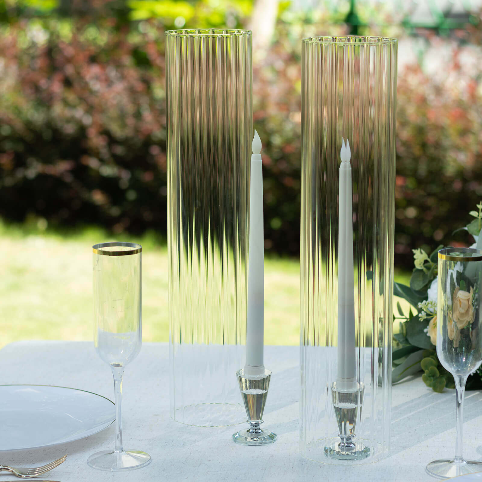 2-Pack Clear Ribbed Glass Hurricane Shades Open End Design - Stylish Candelabra Pillar Candle Holder Table Centerpiece 18"