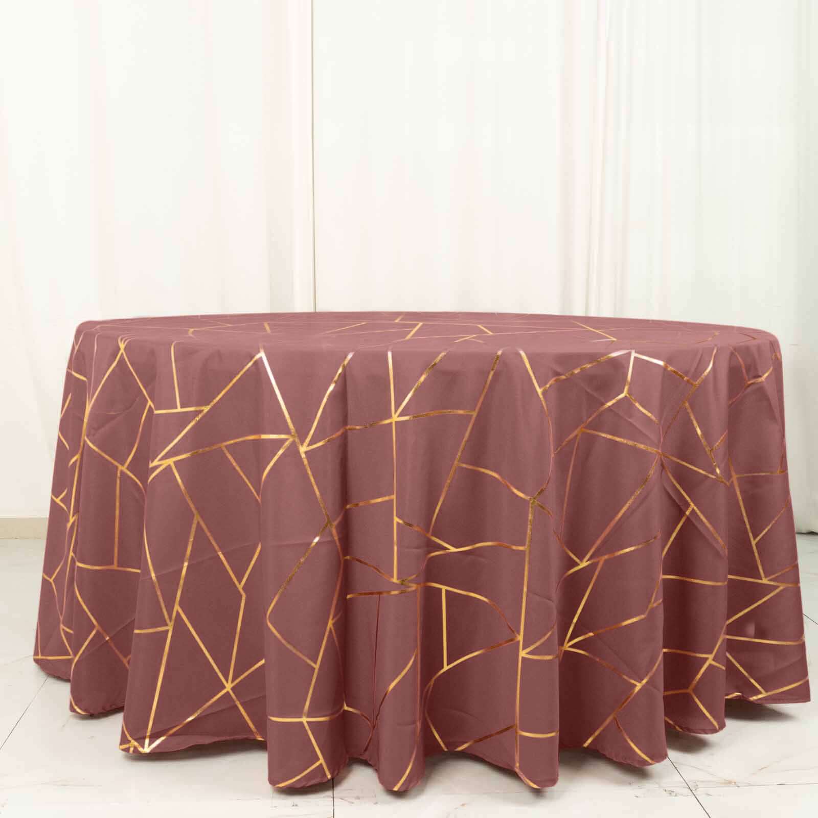 Polyester 120" Round Tablecloth Cinnamon Rose with Gold Foil Geometric Pattern Wrinkle-Resistant Seamless Table Cover