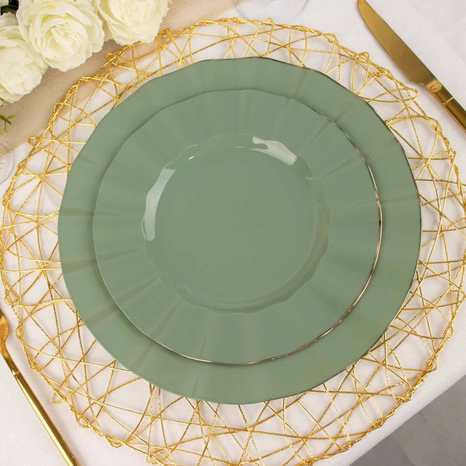 10-Pack Plastic 9" Round Dinner Plates in Dusty Sage Green Ruffled Rim with Gold Edging - Sturdy Disposable Dinnerware