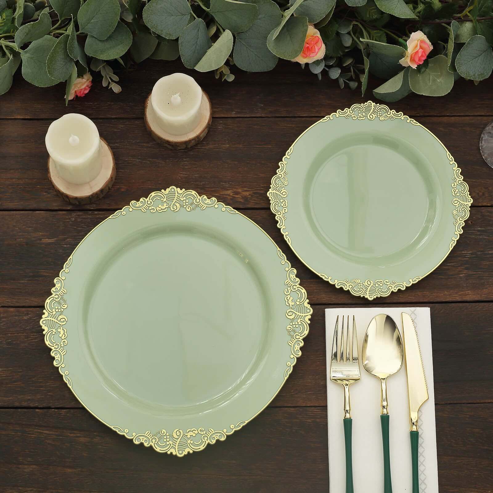 10-Pack Plastic 10" Round Dinner Plates in Sage Green with Gold Leaf Embossed Rim - Disposable Vintage Baroque Style Plates