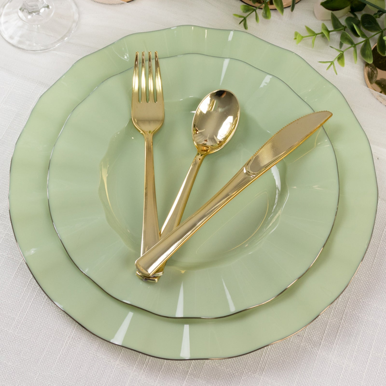 10-Pack Plastic 9" Round Dinner Plates in Sage Green Ruffled Rim with Gold Edging - Sturdy Disposable Dinnerware
