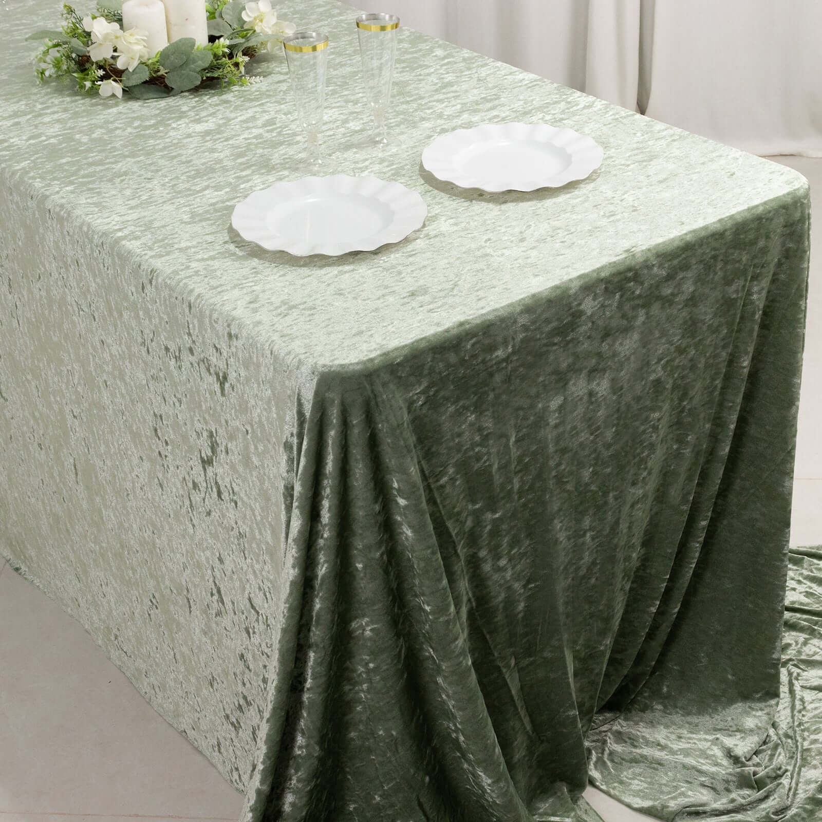 Premium Crushed Velvet 90"x156" Rectangle Tablecloth Sage Green - Reusable Soft Seamless Table Cover