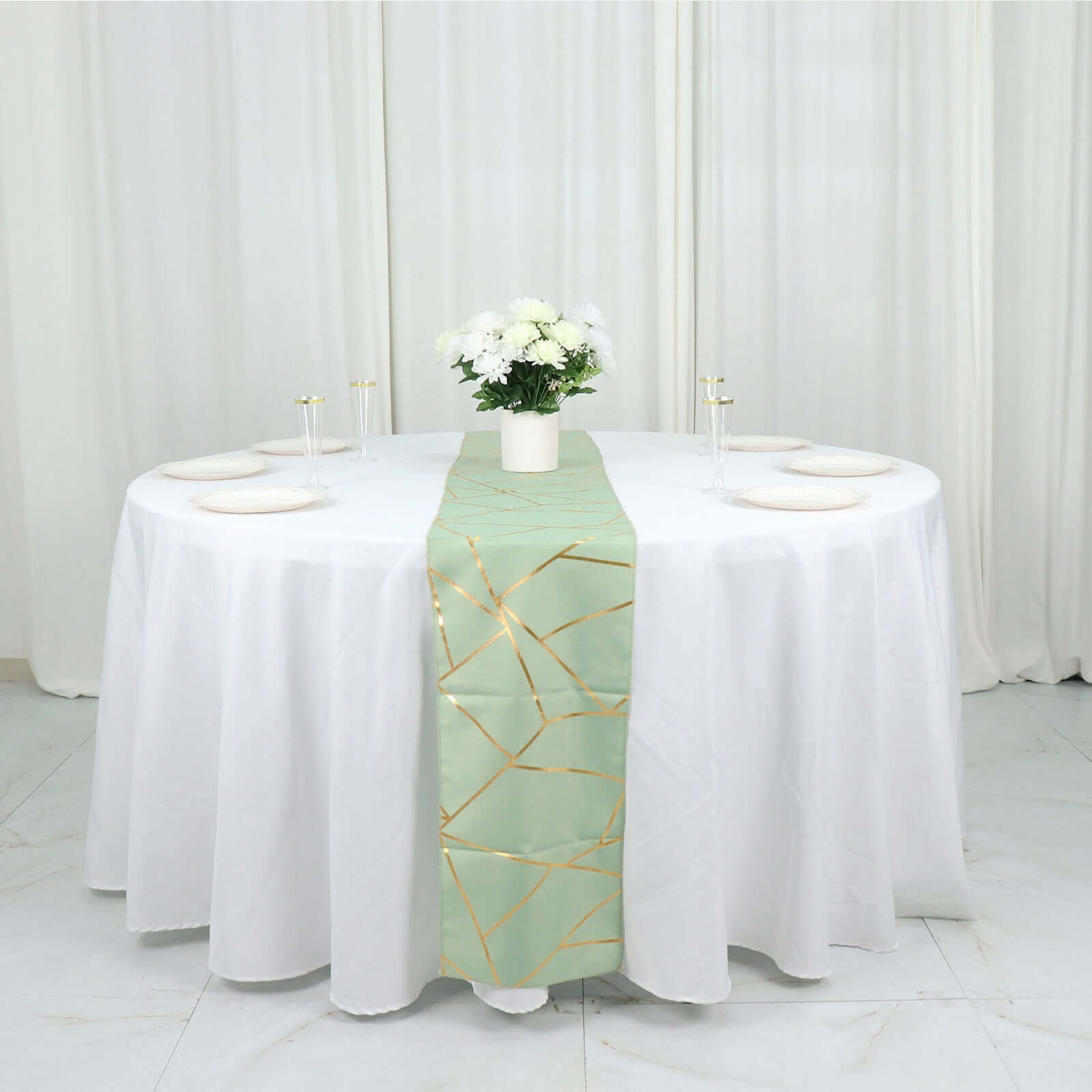 Polyester 9ft Table Runner Sage Green with Gold Foil Modern Geometric Accent