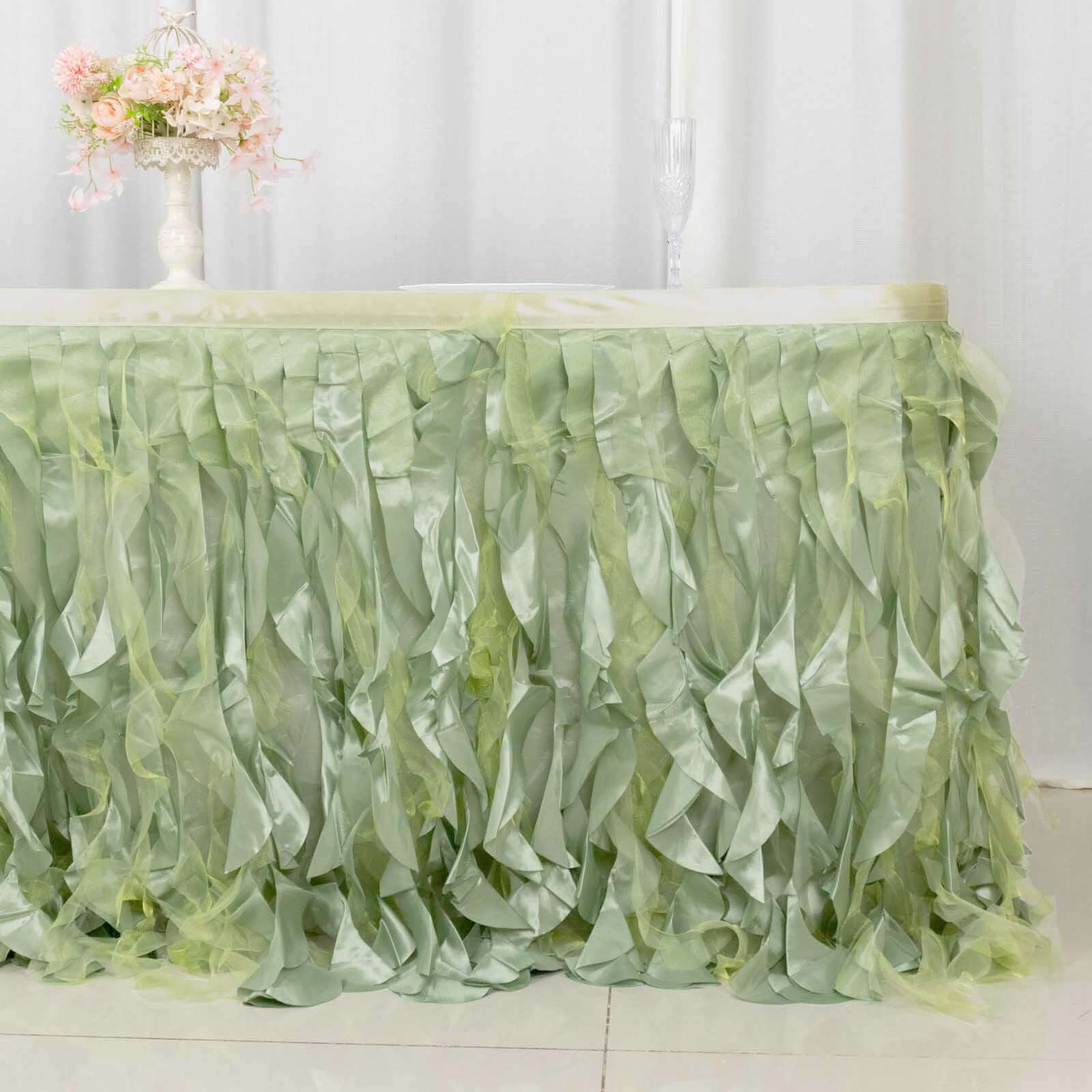 Taffeta 14ft Table Skirt Sage Green - Cascading Curly Willow Style Table Cover
