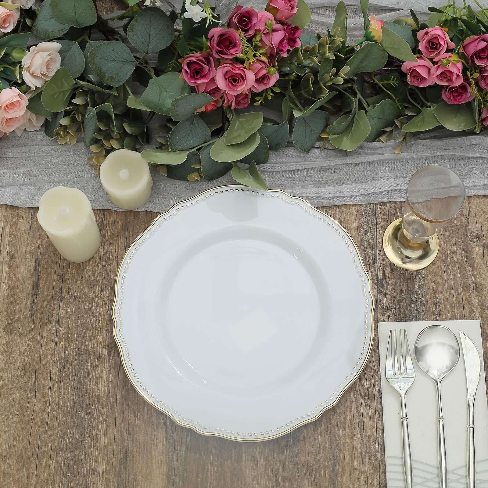 10-Pack Plastic 10" Dinner Plates in White with Gold Scalloped Rim - Disposable Large Party Plates for Upscale Events & Banquets