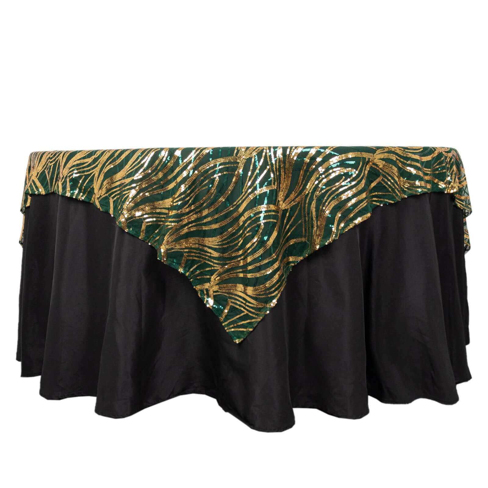 Mesh 72"x72" Table Overlay Square Tablecloth Hunter Emerald Green - Wave Embroidered Sequins Table Topper