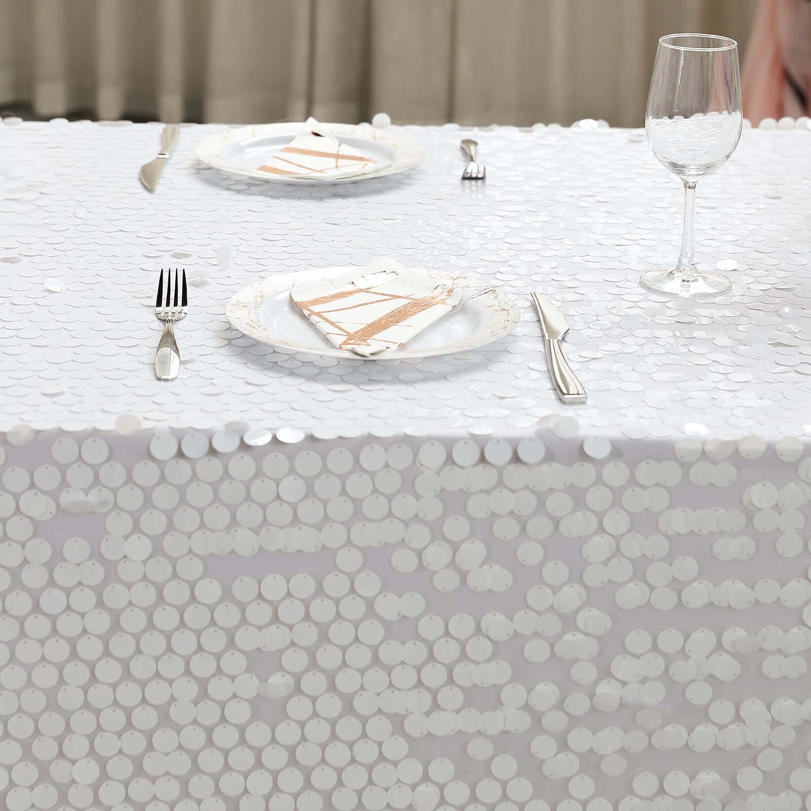 Sequin 90"x132" Rectangle Tablecloth White - Seamless Big Payette Design for Sophisticated Occasions