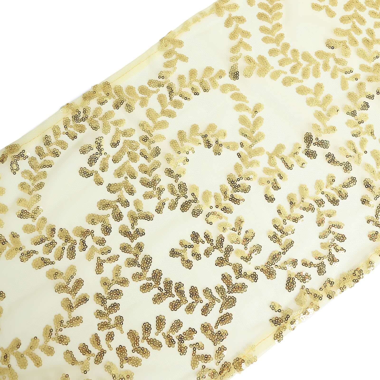 Mesh 12"x108" Table Runner Gold - Leaf Vine Sequin Embroidered Design for Sophisticated Occasion
