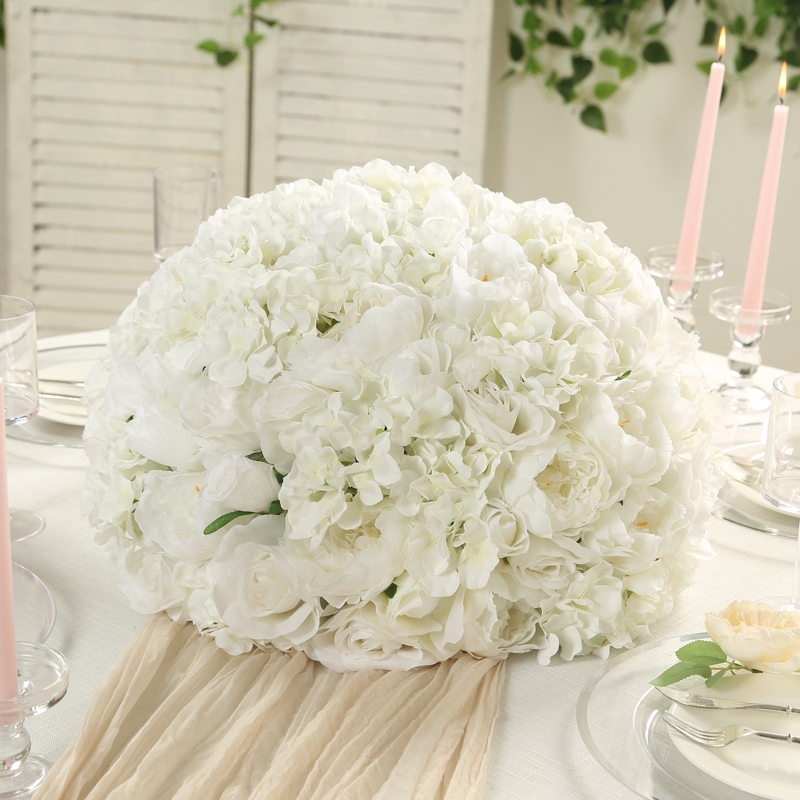 Pre-Arranged Silk Rose Wedding Centerpiece, Ivory Artificial Rose Flower Balls Arrangement Table Decor - 20"