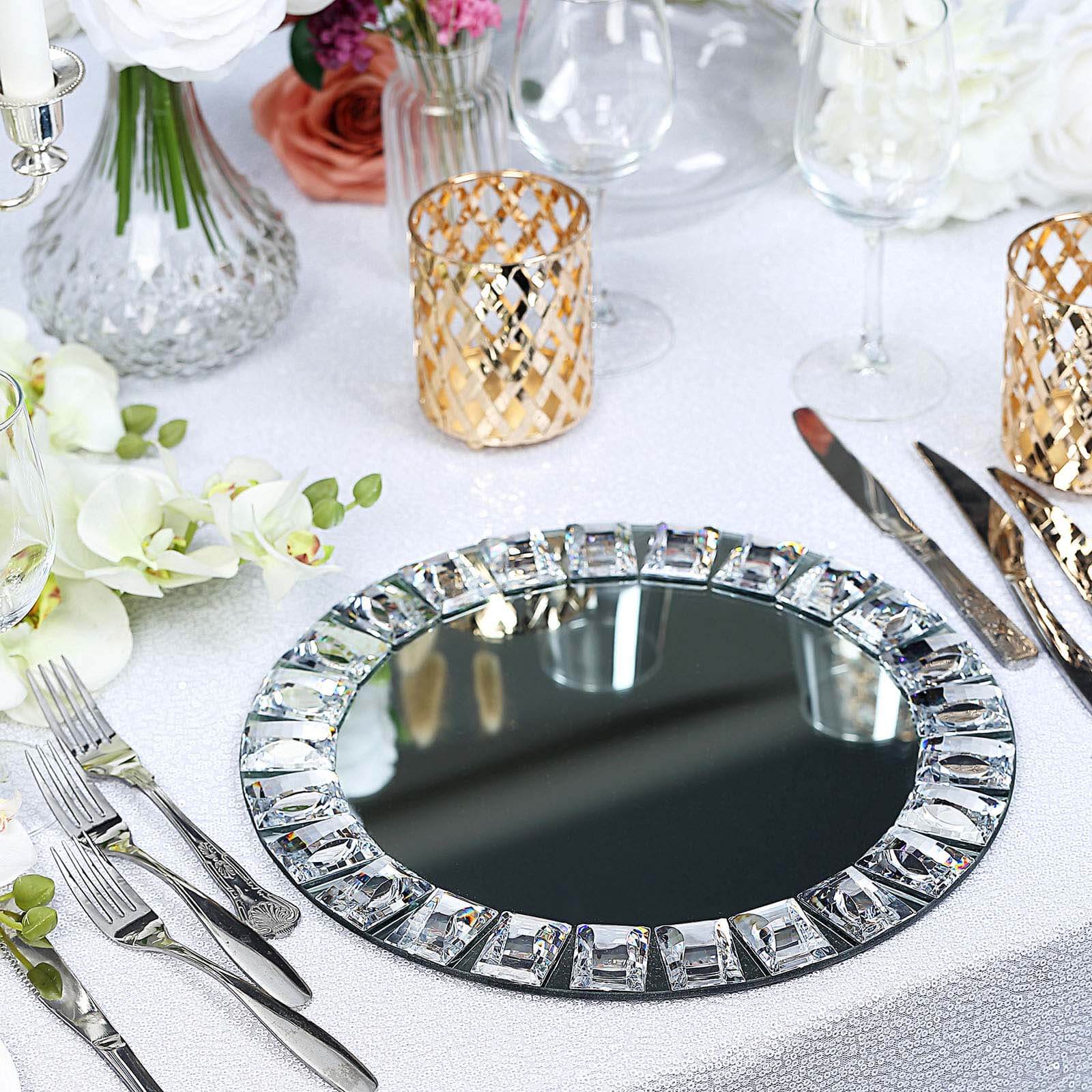 2-Pack Glass Mirror Round Charger Plates 13" in Silver with Jeweled Rim - Premium Decorative Dinner Party Charger Tableware