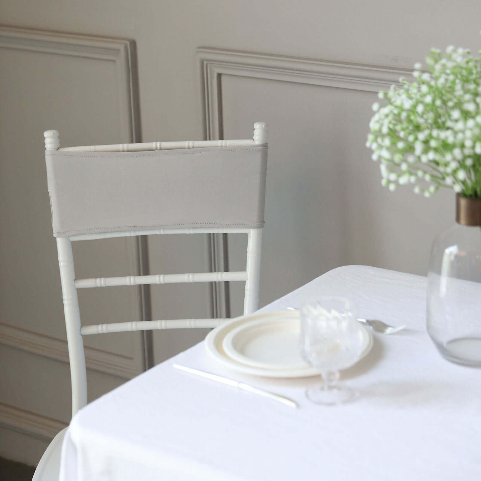 5 Pack Stretch Spandex Chair Sashes Silver - Reusable Chair Bands with Silver Diamond Ring Slide Buckle 5"x14"