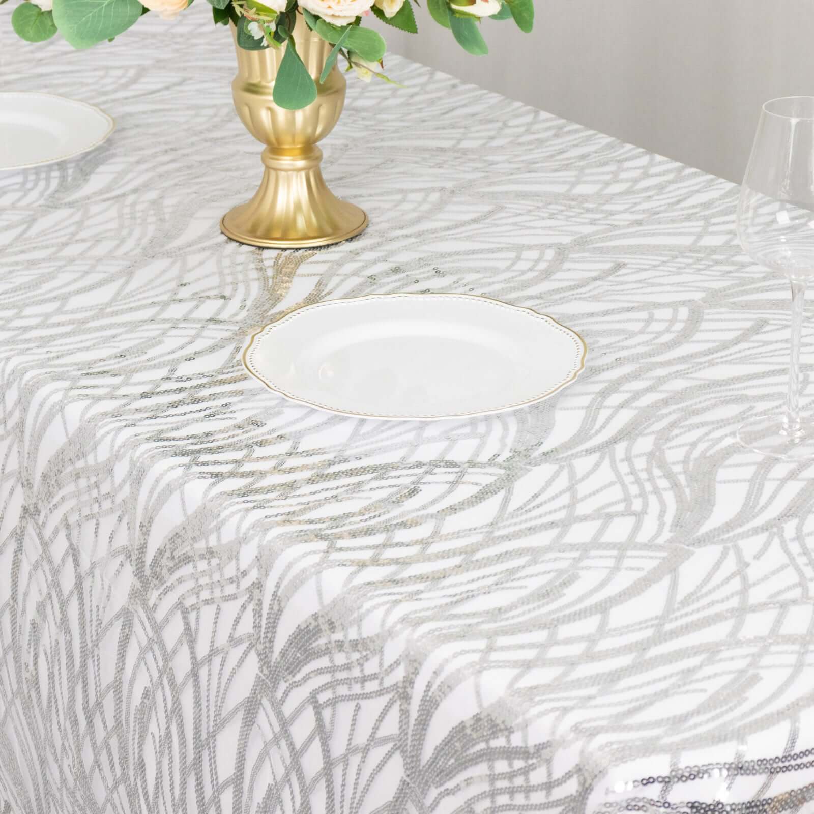 Mesh 90"x156" Rectangle Tablecloth Silver - Wave Sequin Embroidered Table Cover