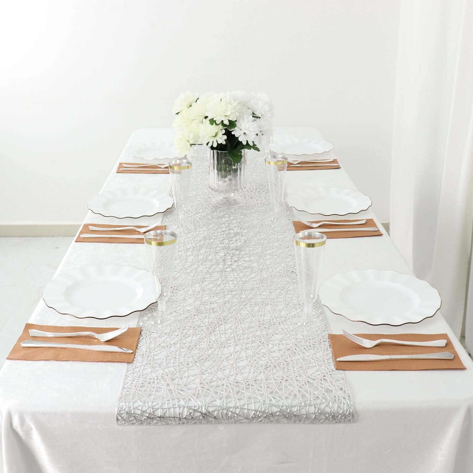 Plastic Woven Vinyl 13"x6ft Table Runner Metallic Silver - Non-Slip & Reversible Tabletop Decor