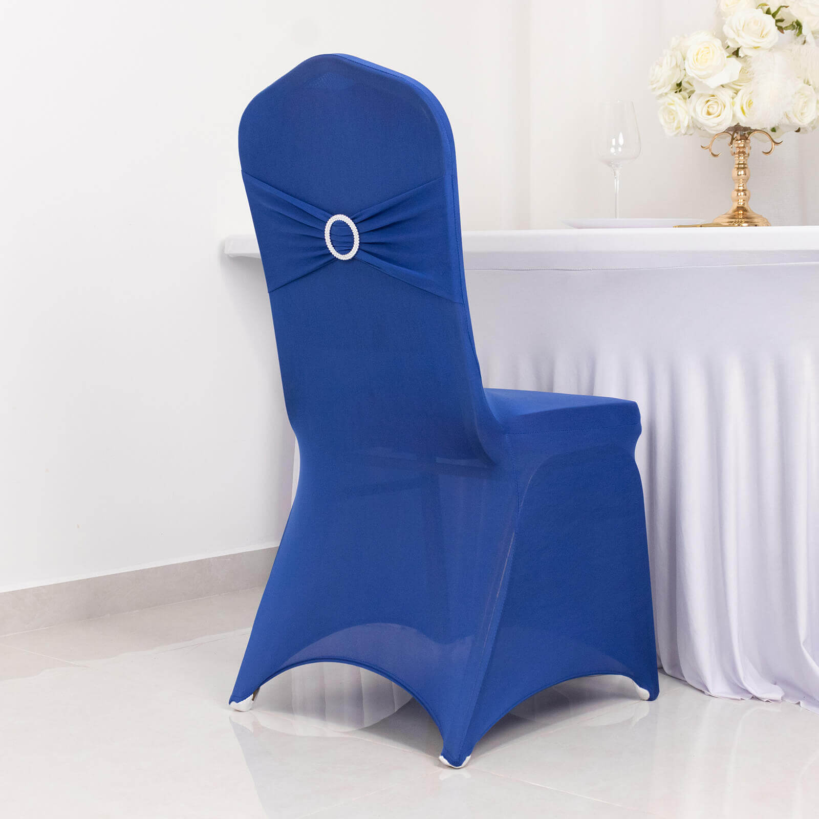 Spandex Chair Cover with Silver Rhinestone Buckled Sash Band Royal Blue - Stretch Fitted Slipcover