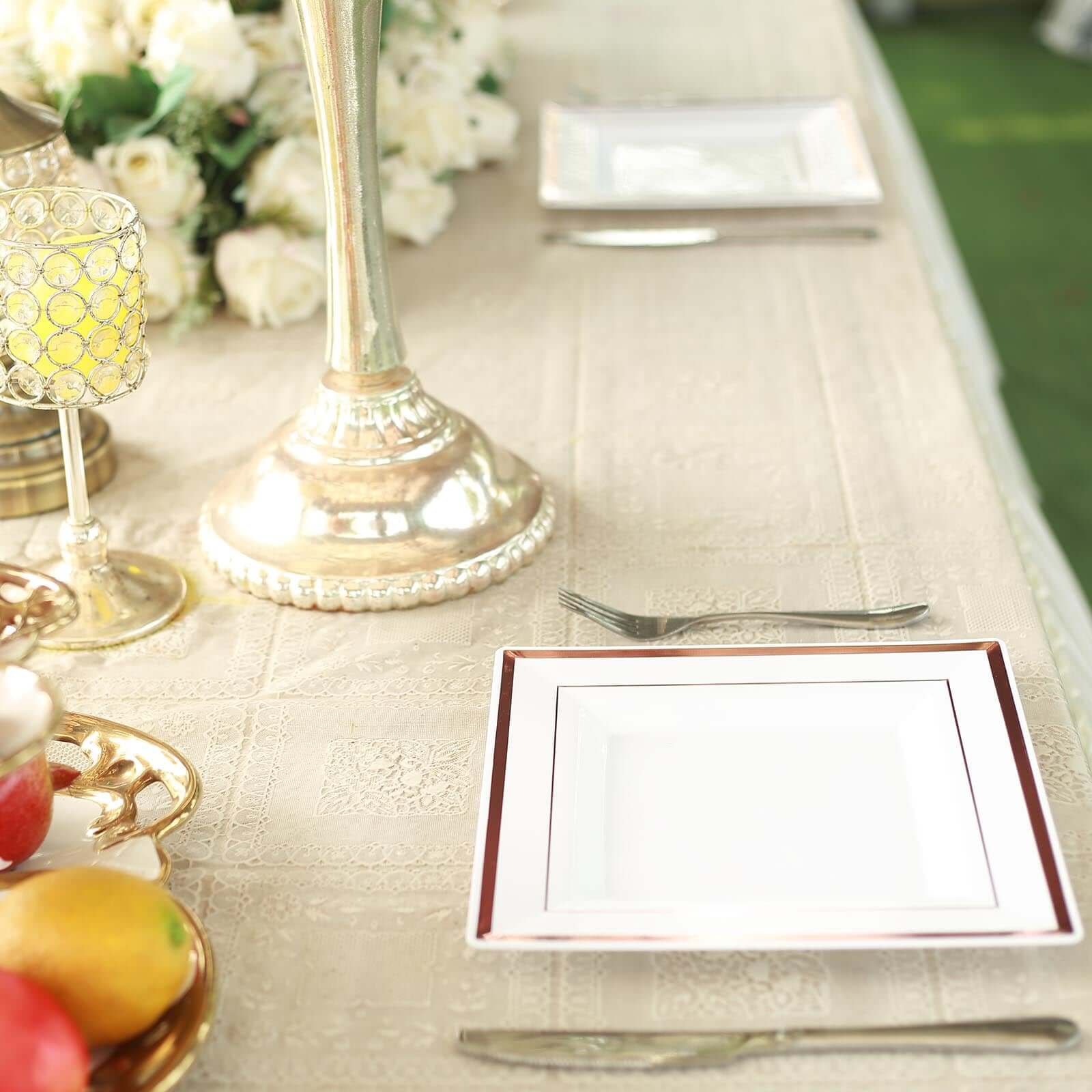 10-Pack Plastic Dinner Plates White Square with Rose Gold Trim - Lightweight Disposable Plates for Events 10"