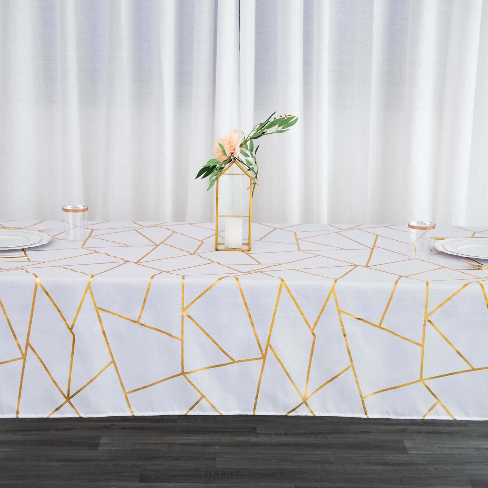 Polyester 60"x102" Rectangle Tablecloth White with Gold Foil Geometric Pattern - Wrinkle-Resistant and Durable Table Cover for Weddings & Events
