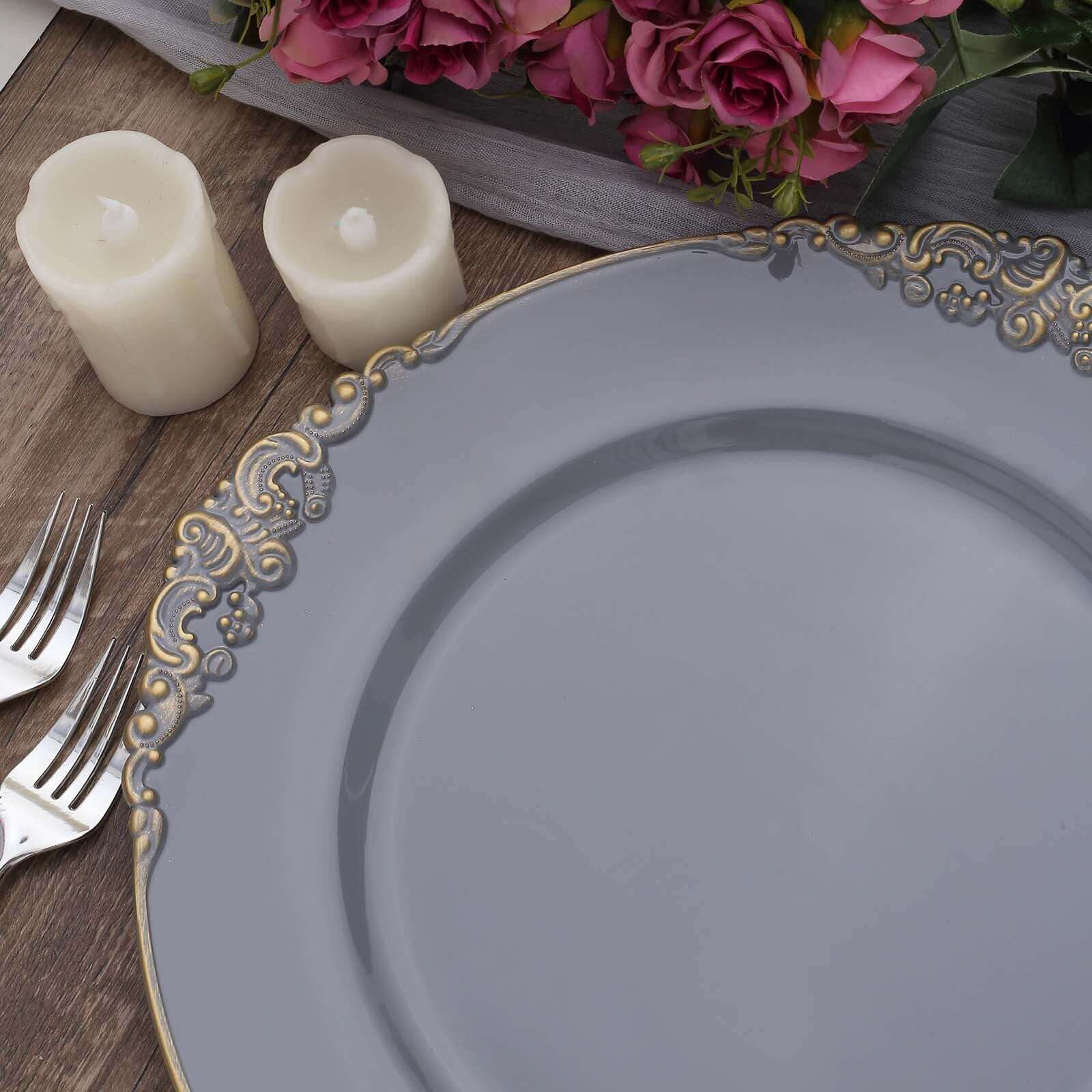 6-Pack Acrylic Round Charger Plates 13" in Charcoal Gray with Gold Embossed Baroque Rim, Antique Decorative Dinner Party Charger Tableware