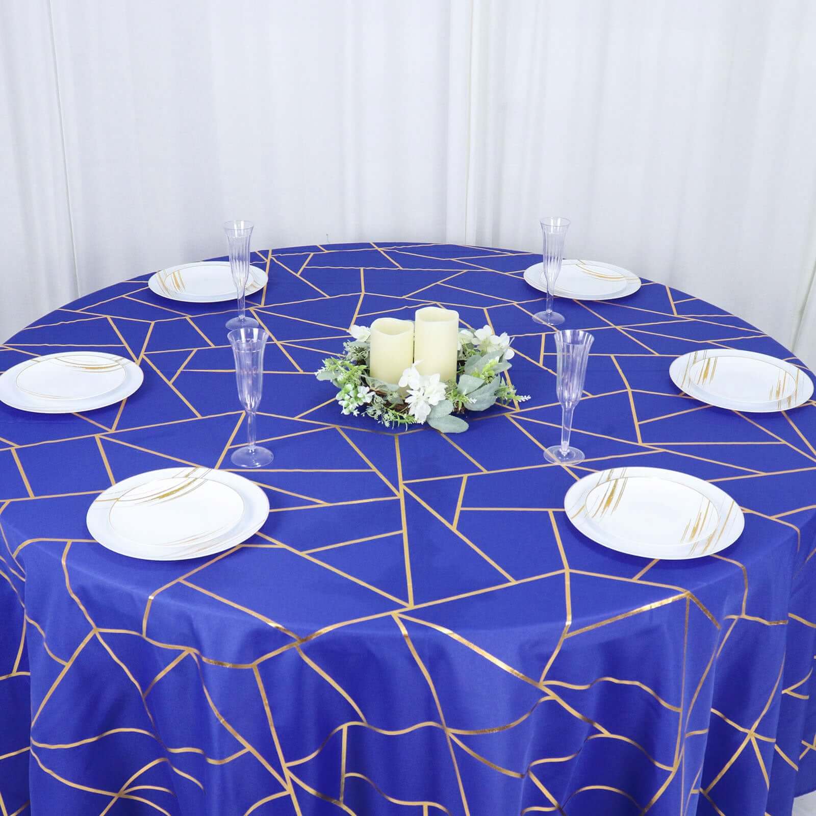 Polyester 120" Round Tablecloth Royal Blue with Gold Foil Geometric Pattern Wrinkle-Resistant Seamless Table Cover