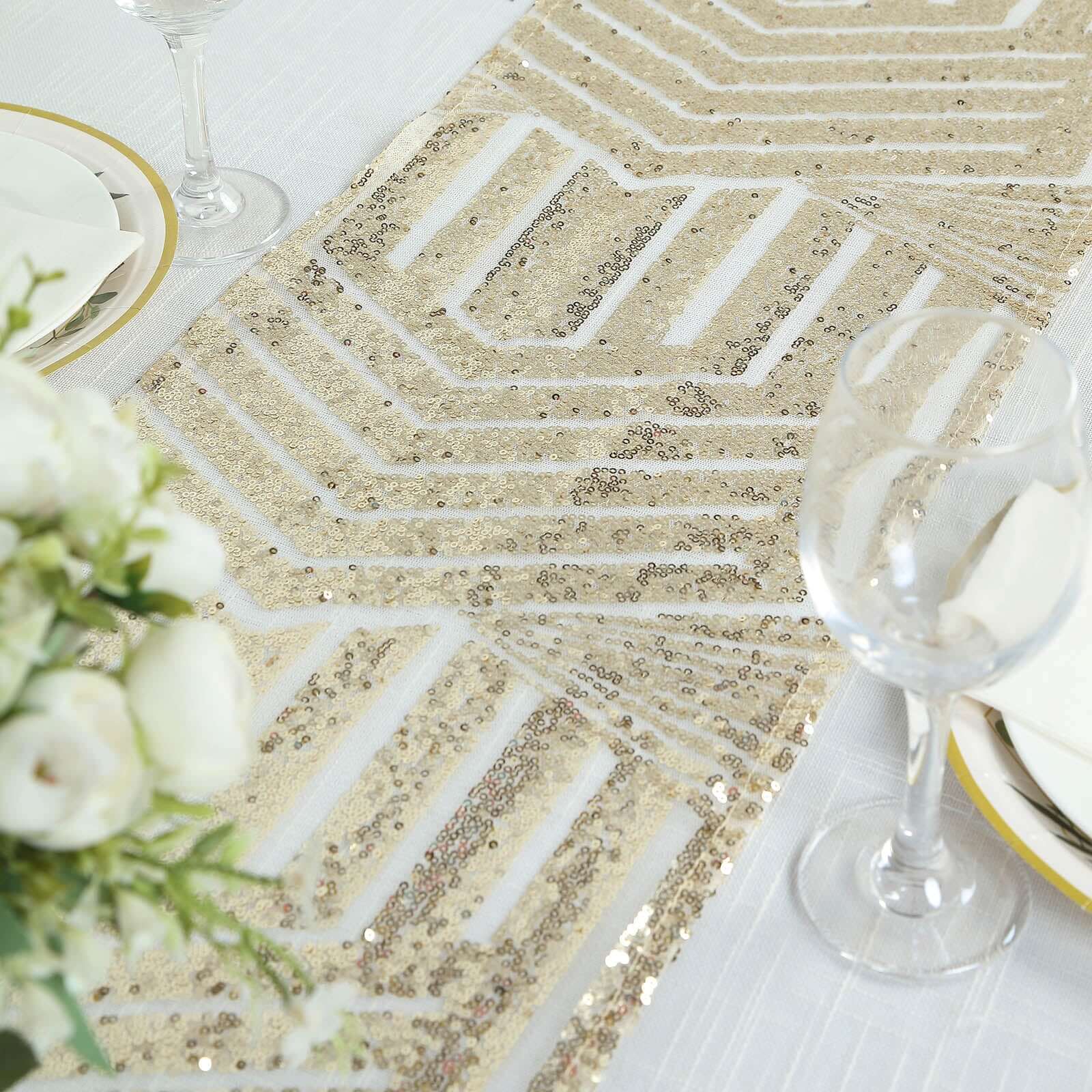 Sequin 12"x108" Table Runner Champagne - Diamond Glitz Design