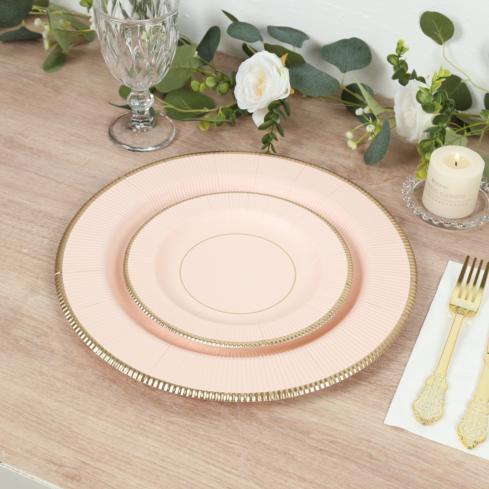25-Pack Disposable Round Charger Plates in Blush Sunray Design with Gold Rim - 350GSM Heavy Duty Paper Chargers 13"