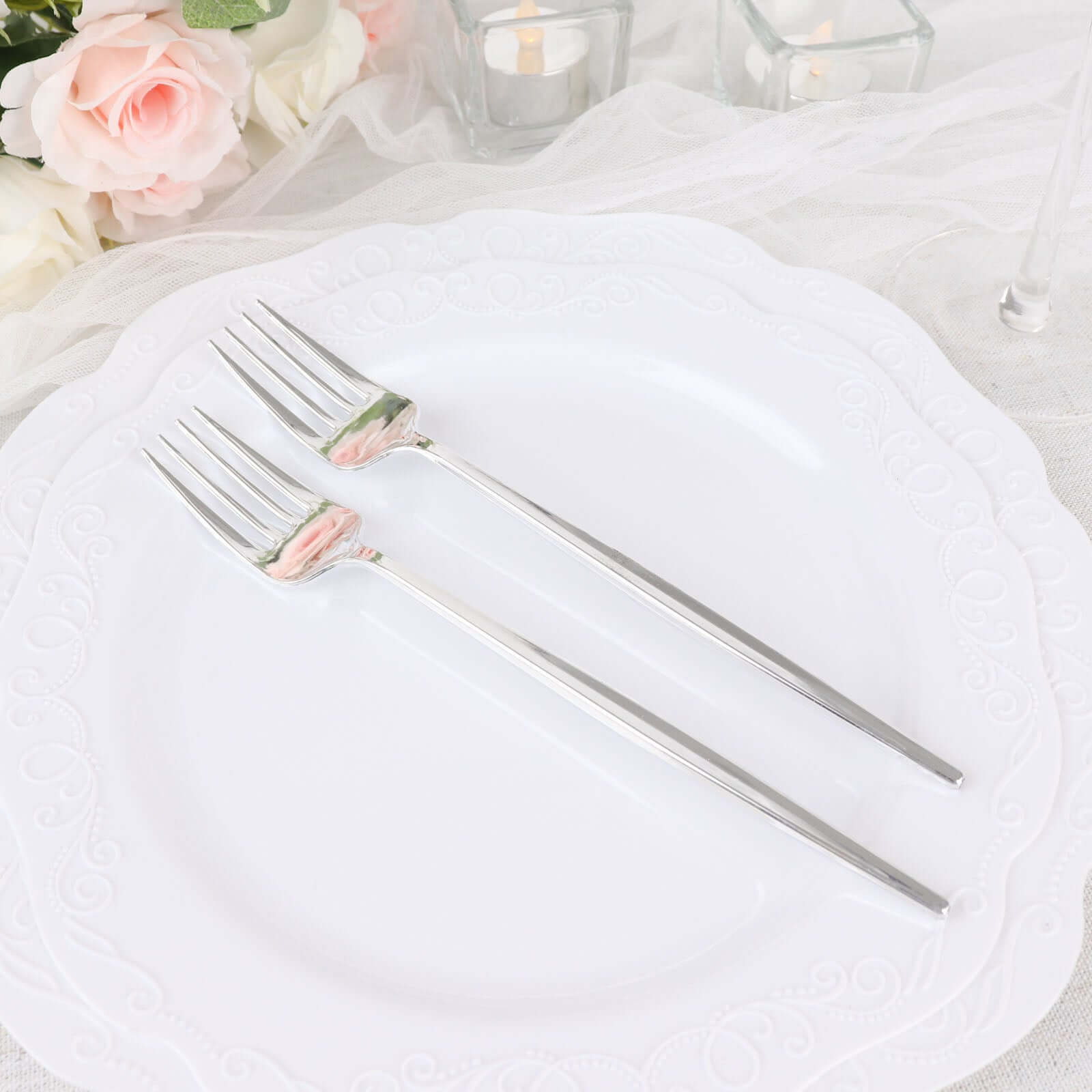 24 Pack 8" Glossy Silver Heavy Duty Plastic Silverware Forks, Shiny Cutlery, Premium Disposable Flatware