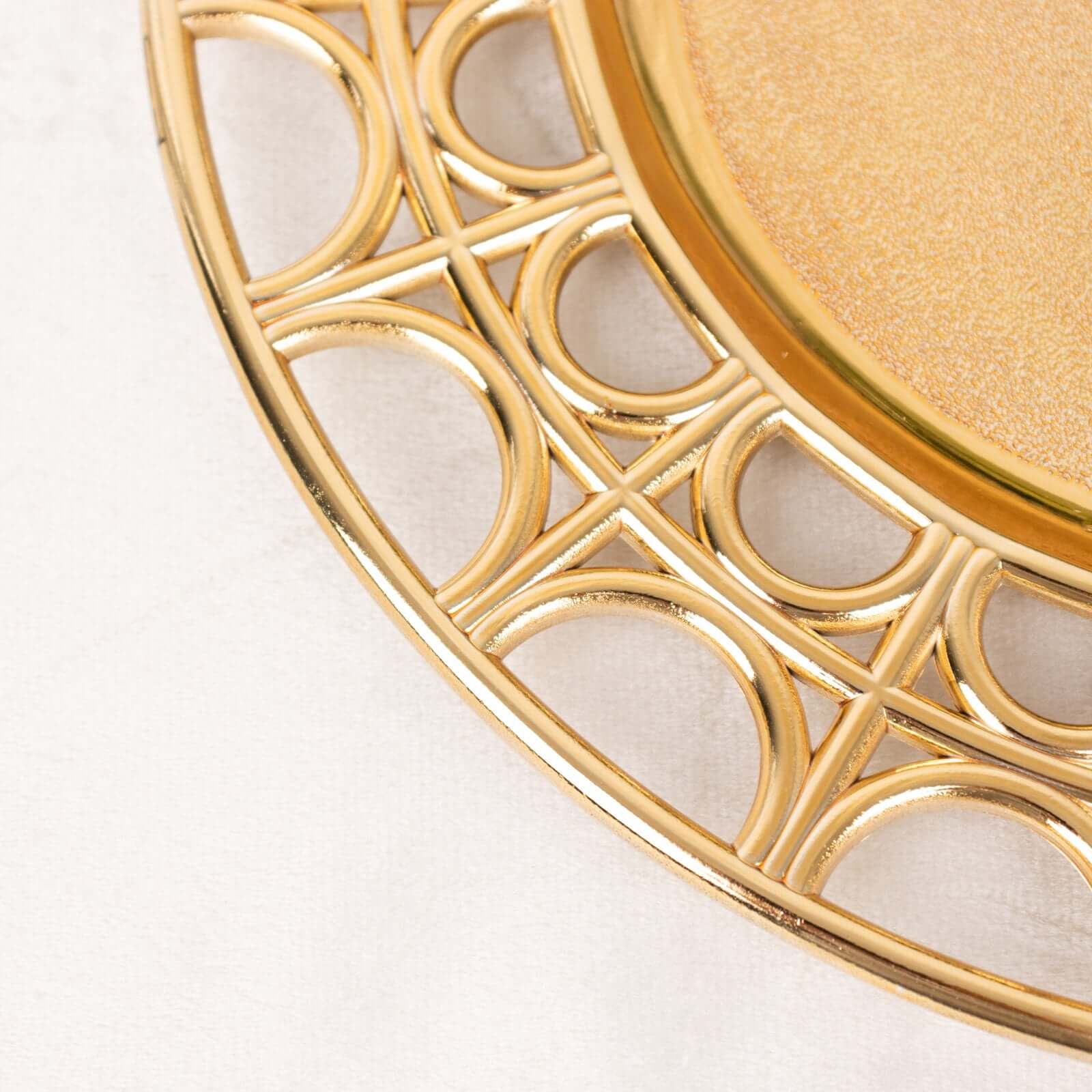 6-Pack Acrylic Round Charger Plates 13" in Metallic Gold with Hollow Semi Circle Rim, Plastic Decorative Charger Tableware