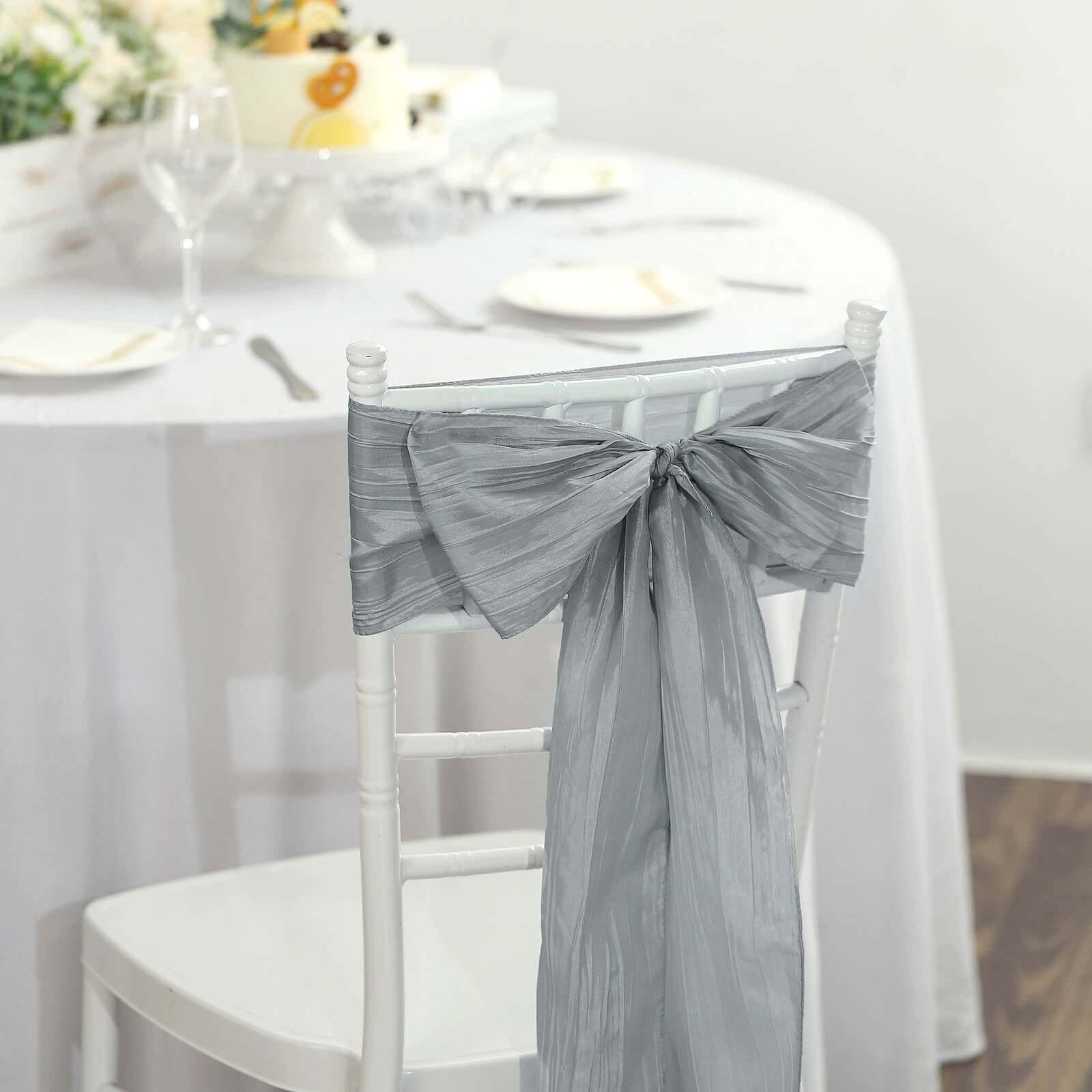 5 Pack Taffeta 6"x106" Chair Sashes Silver Accordion Crinkle Texture - Stylish Decor for Weddings & Gatherings