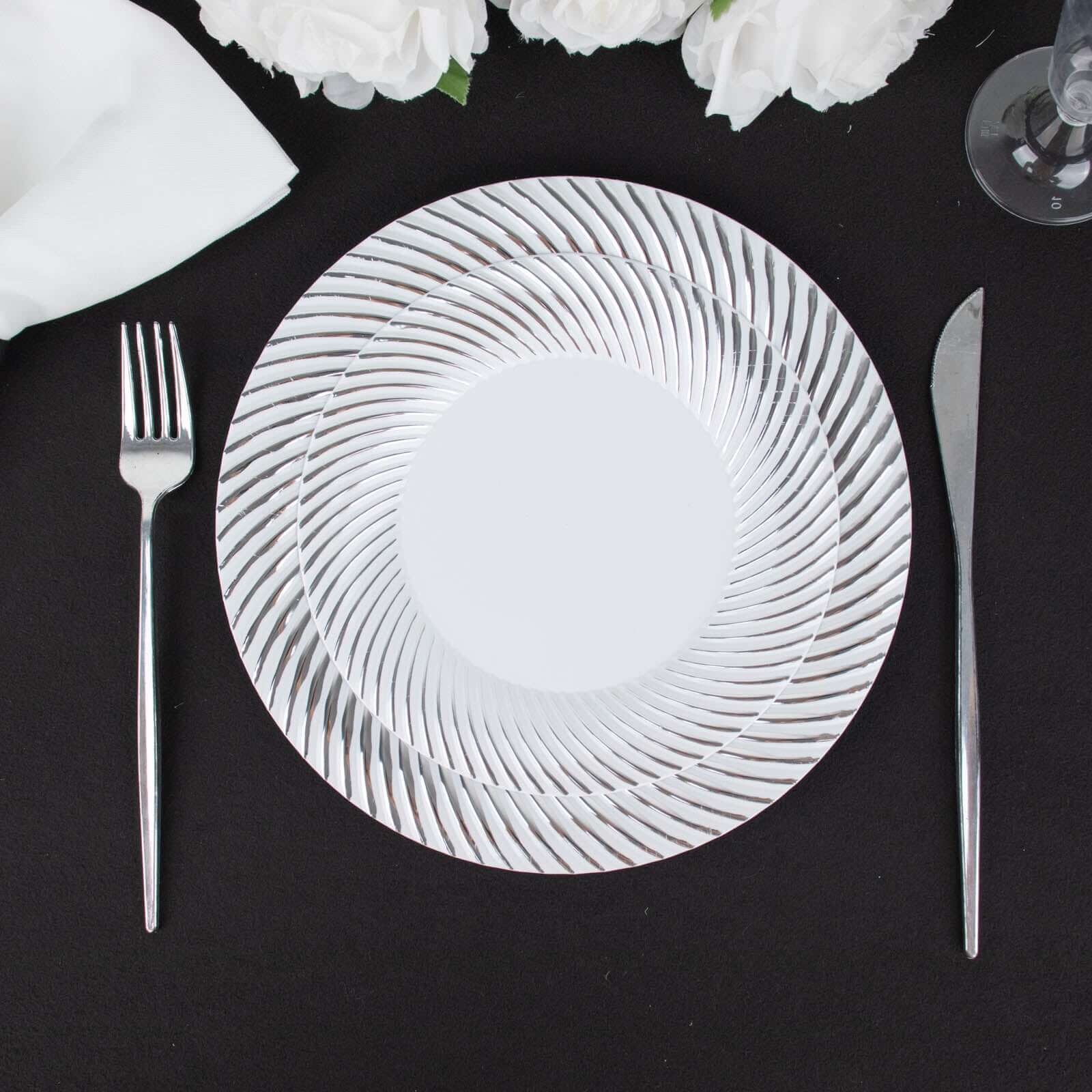 10-Pack Plastic 7" Round Dessert Plates in White with Silver Swirl Rim - Disposable Salad Plates