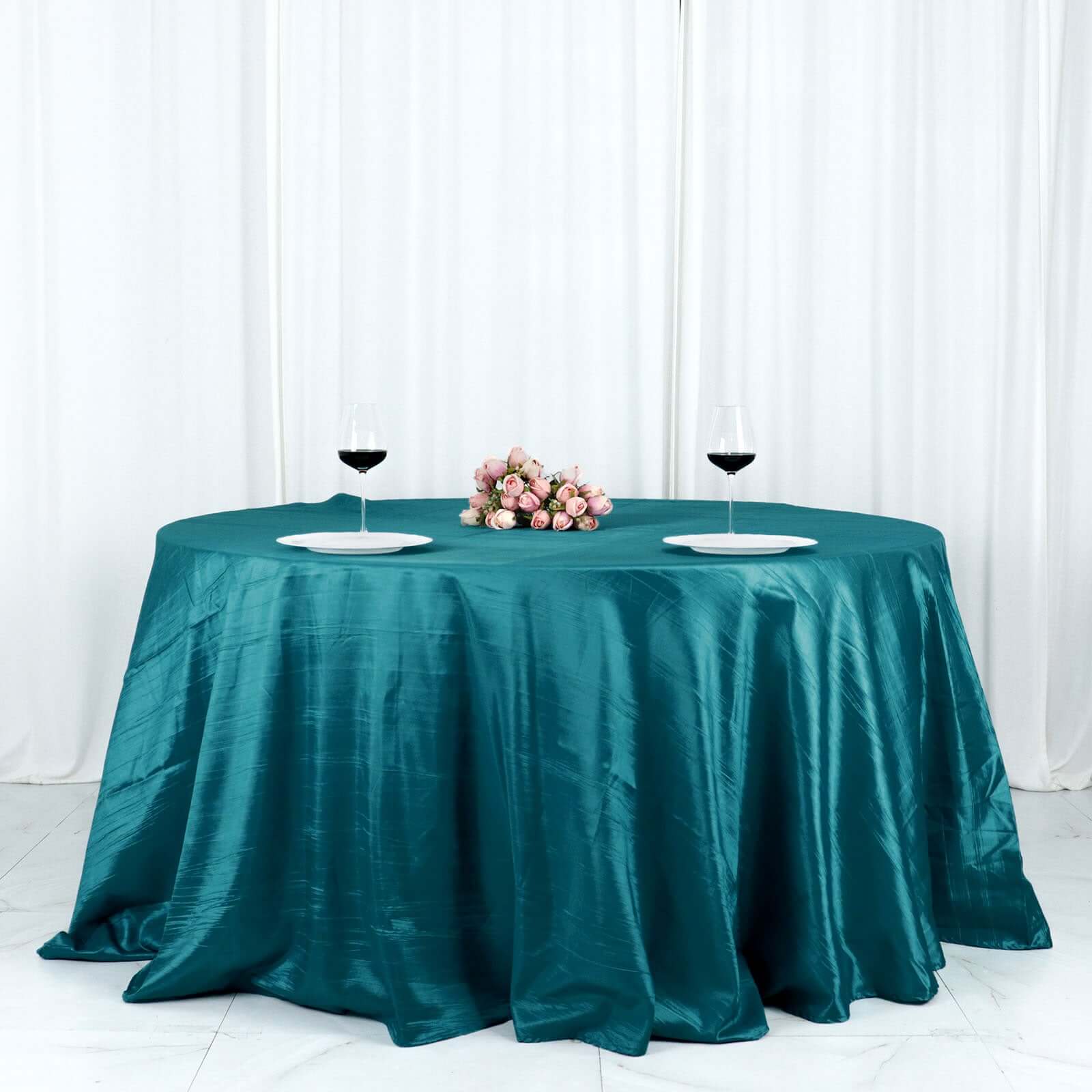 Taffeta 132" Round Tablecloth Peacock Teal - Seamless Accordion Crinkle Table Cover