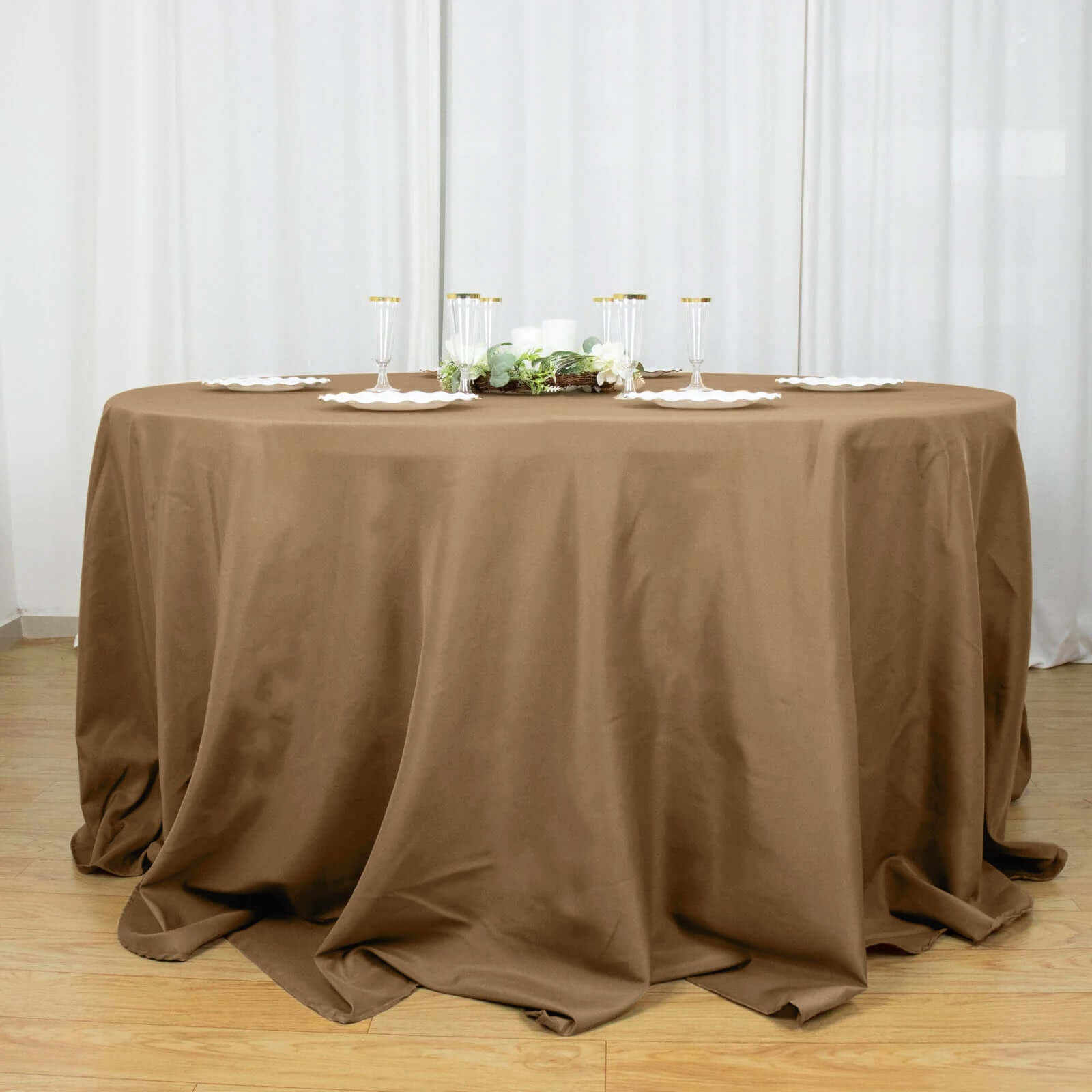 Polyester 132" Round Tablecloth Taupe - Seamless Chic Table Cover