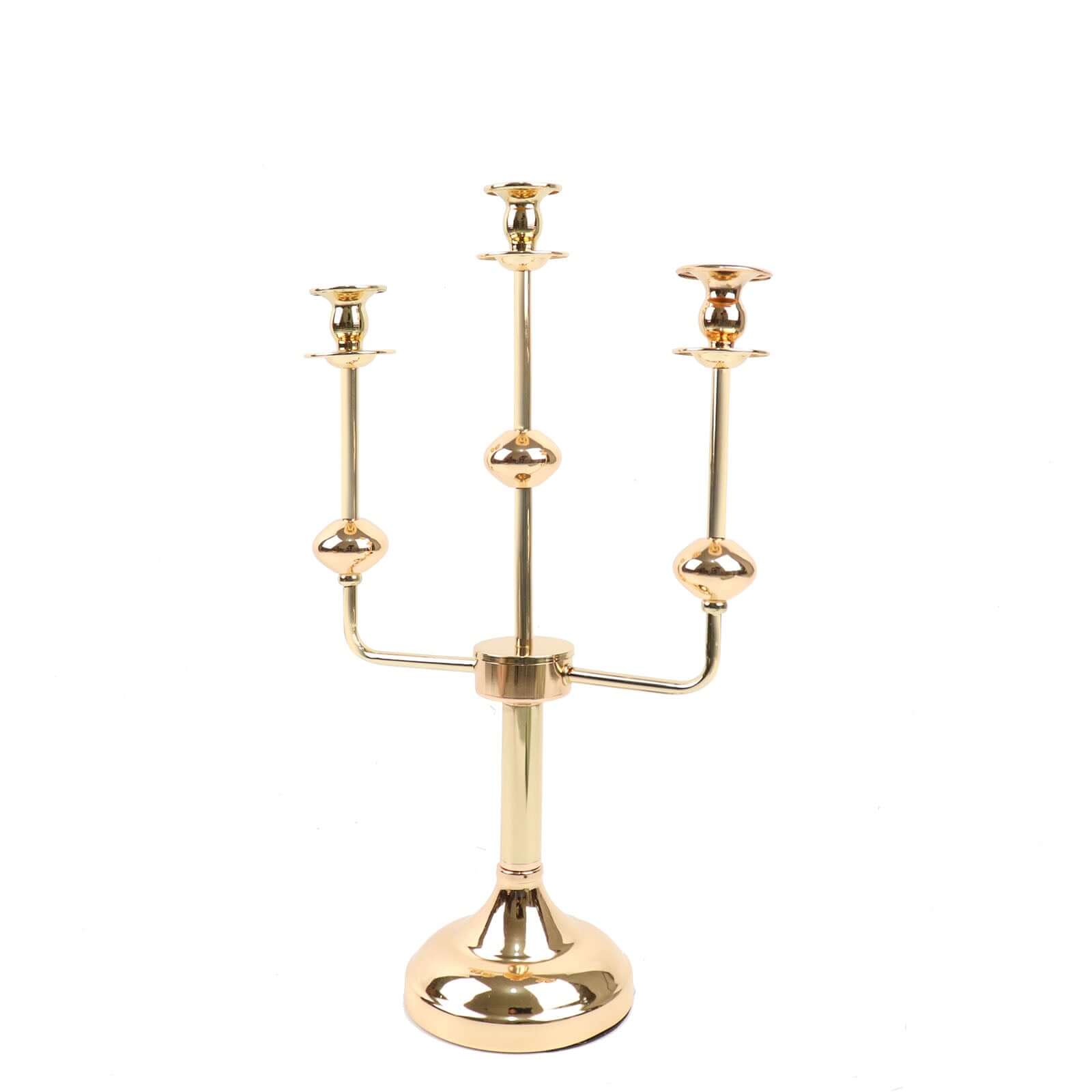 3-Arm Taper Candelabra Candle Holder Stand Gold Metal Wedding Centerpiece - Decorative Display 20"