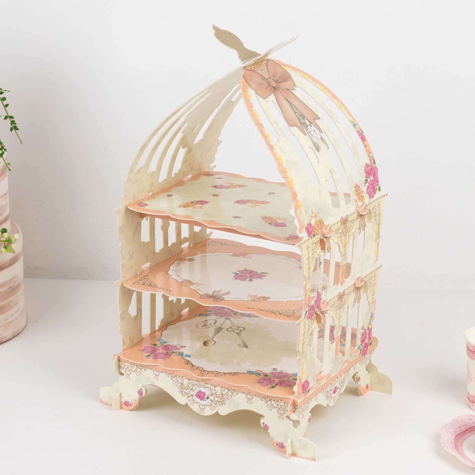 3 Tier Cardboard Cupcake Stand White/Peach Birdcage Style - Charming Reusable Cake Display Holder with Floral Print for Dessert Bars Afternoon Teas & Party Decor 18"
