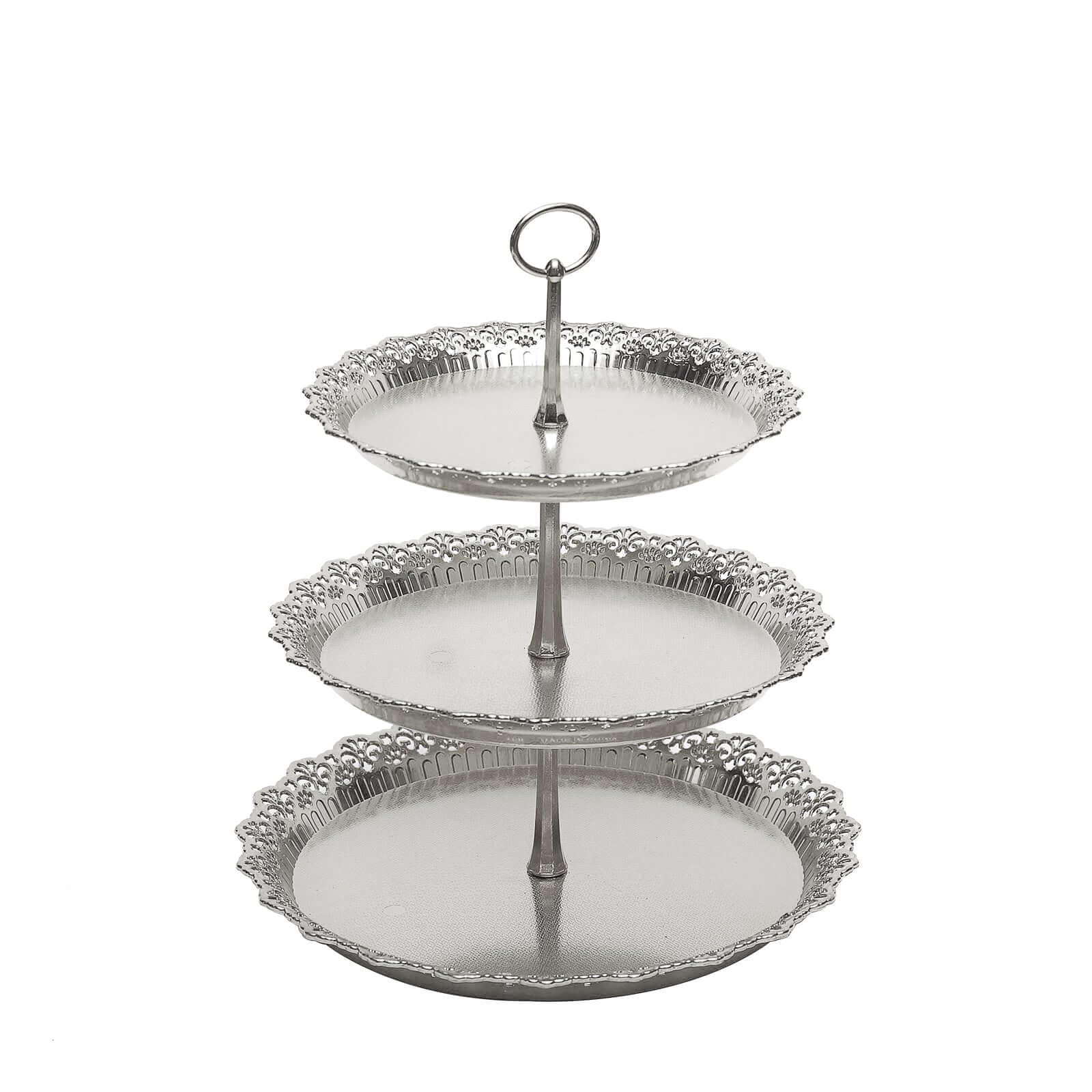 3-Tier Plastic Round Cupcake Stand 15" Metallic Silver with Lace Scalloped Edges