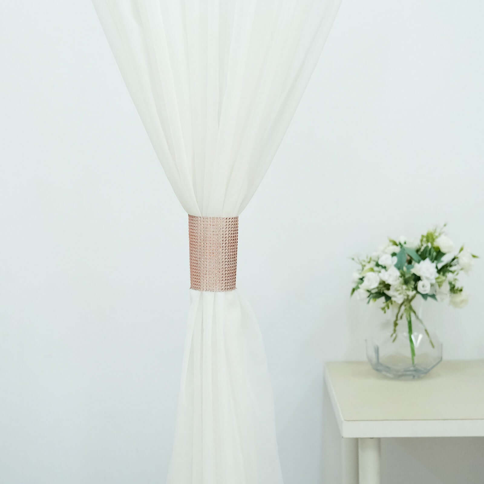 4 Pack Rose Gold Rhinestone Mesh Velcro Backdrop Curtain Bands, Large Chair Sash Clip Tie Backs - 5"X10"