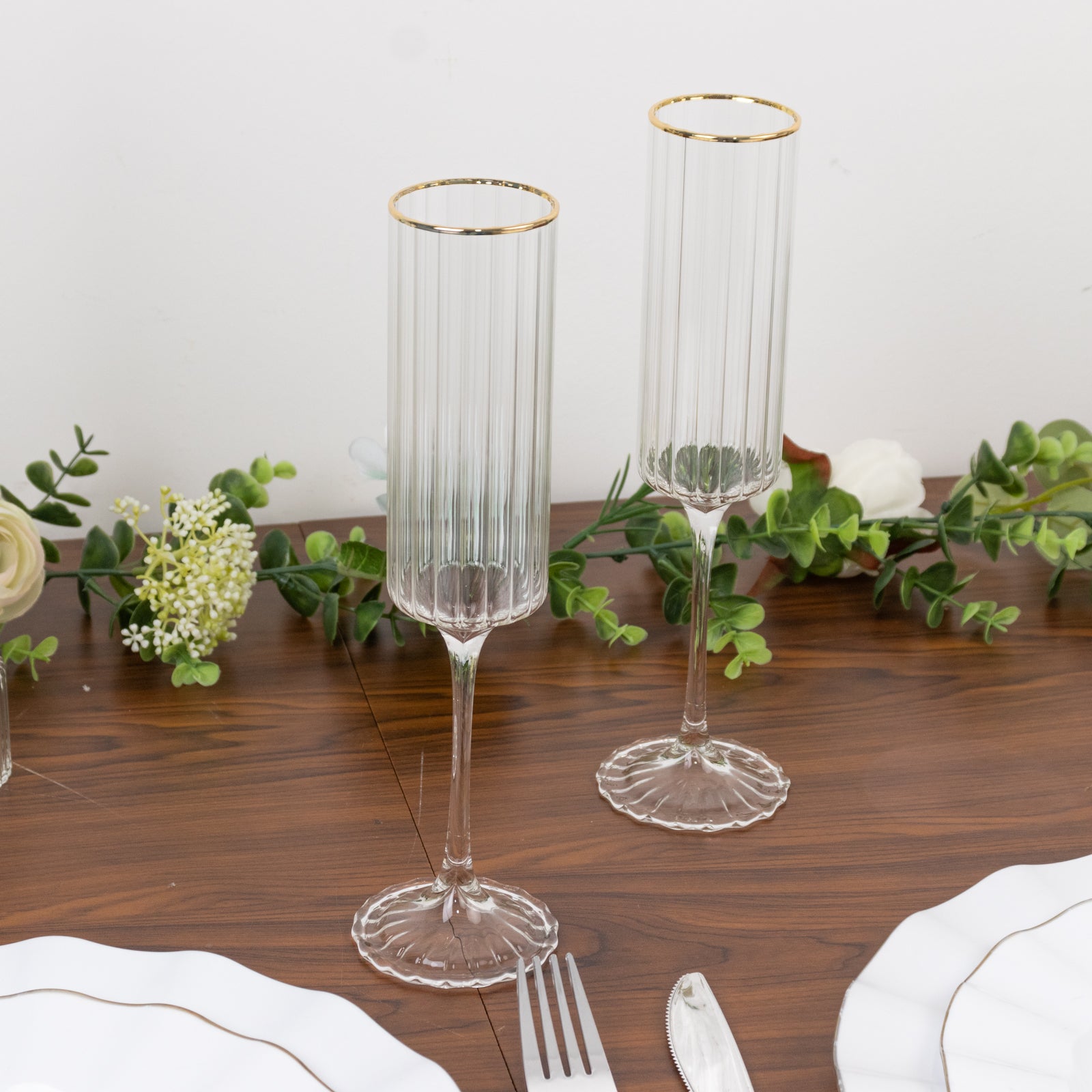6-Pack Clear Modern Champagne Flutes – 7oz Real Glass, Ribbed Cylindrical Design with Gold Rim, Elegant Toasting Glasses for Weddings & Celebrations – 9.5" Tall
