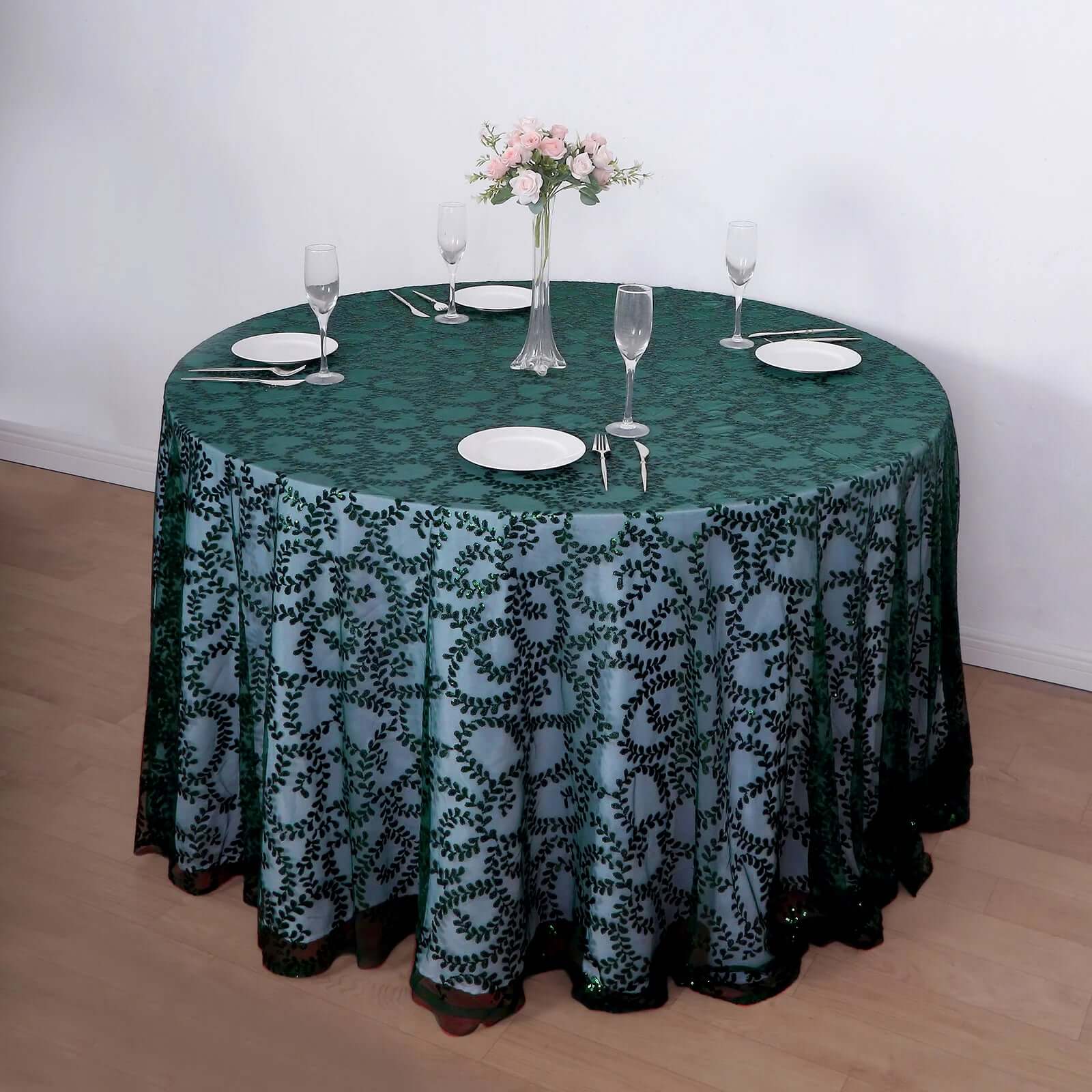 Tulle 120" Round Tablecloth Hunter Emerald Green - Seamless Sequin Leaf Embroidered Table Cover