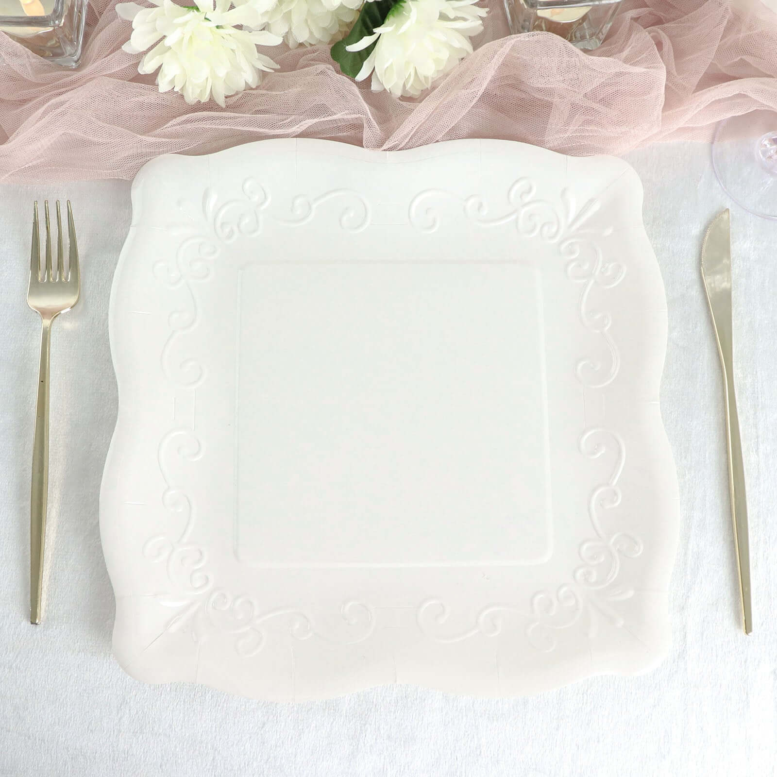 25-Pack Paper 11" Square Dinner Plates in White with Vintage Pottery Embossed Design - Shiny Disposable Serving Plates
