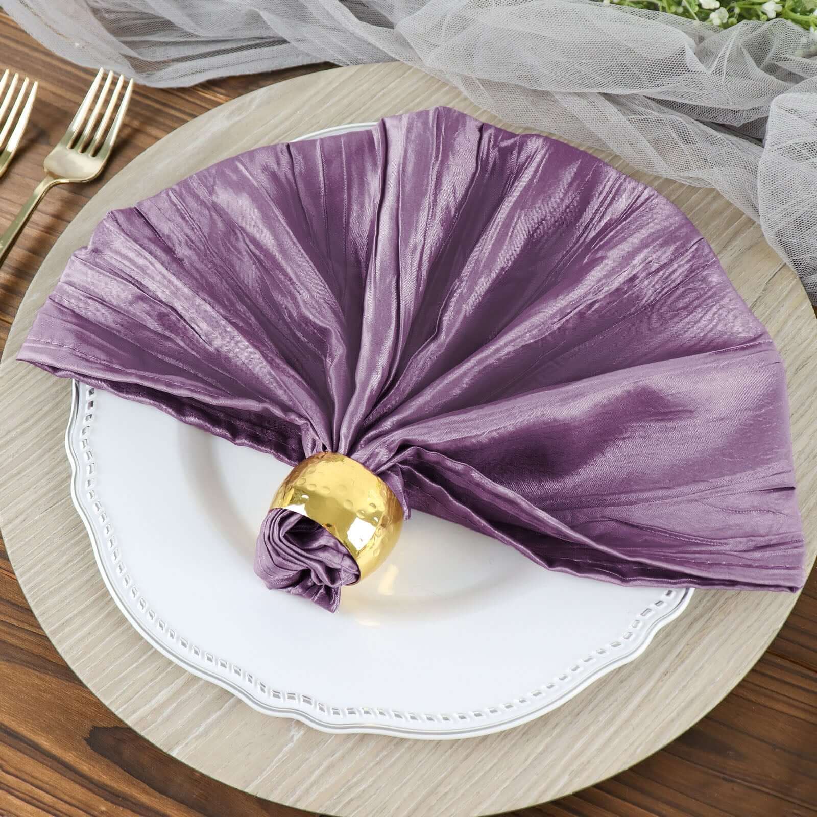 5 Pack Taffeta 20"x20" Napkins Violet Amethyst - Accordion Crinkle Dinner Napkins