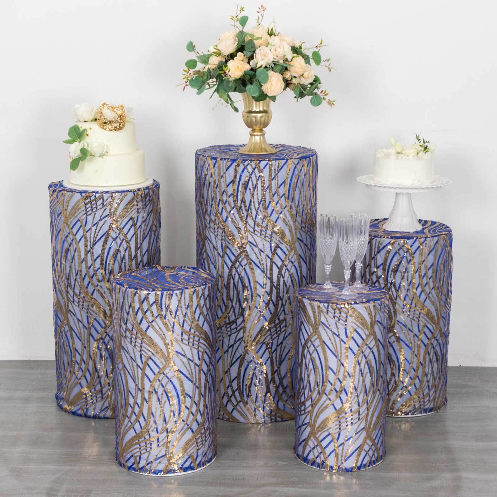 Set of 5 Royal Blue Wave Mesh Cylinder Pedestal Stand Covers with Embroidered Sequins, Pillar Prop Covers - 160 GSM