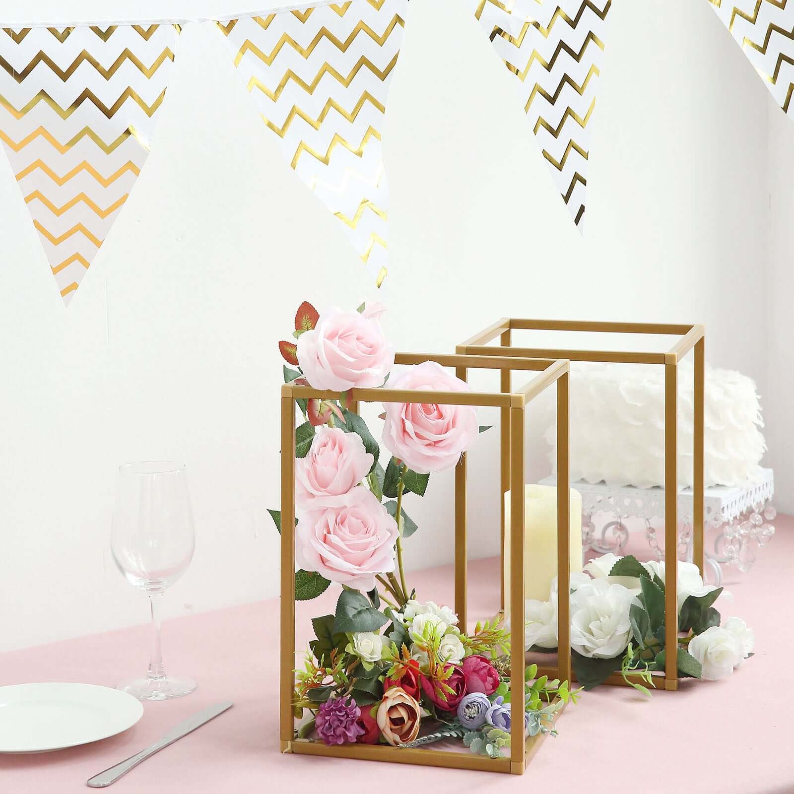 2-Pack Wedding Flower Stand Gold Metal Geometric Column Frame Rectangular - Versatile Floral Pedestal for Sophisticated Arrangements 12"