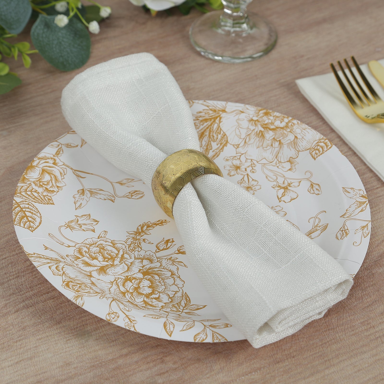 25-Pack Paper 9" Round Dinner Plates in White with Gold French Toile Pattern - Disposable Floral Party Plates for Stylish Events
