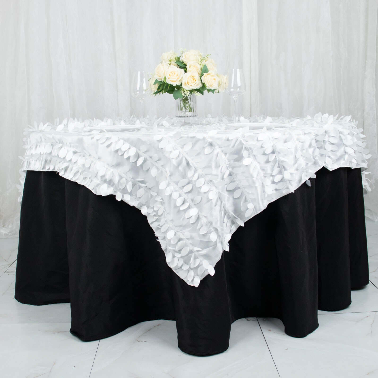 Taffeta 72"x72" Table Overlay Square Tablecloth White 3D Leaf Petal Design for Stylish Celebrations