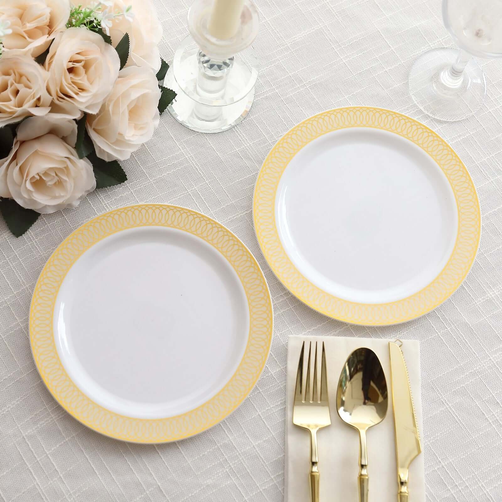 10-Pack Plastic Round Dessert Plates 7" White with Beige Gold Spiral Rim - Disposable Salad Plates