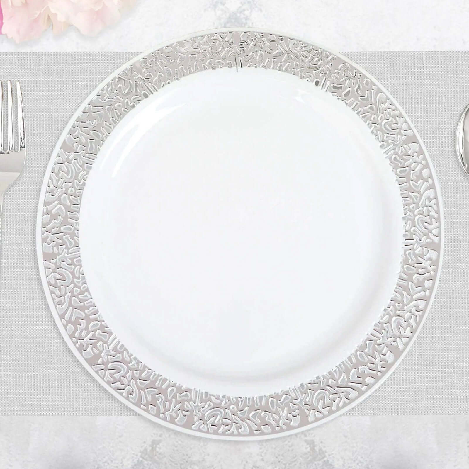 10-Pack Plastic Dinner Plates White with Fancy Silver Lace Rim - Stylish Disposable Plates for Events 10"