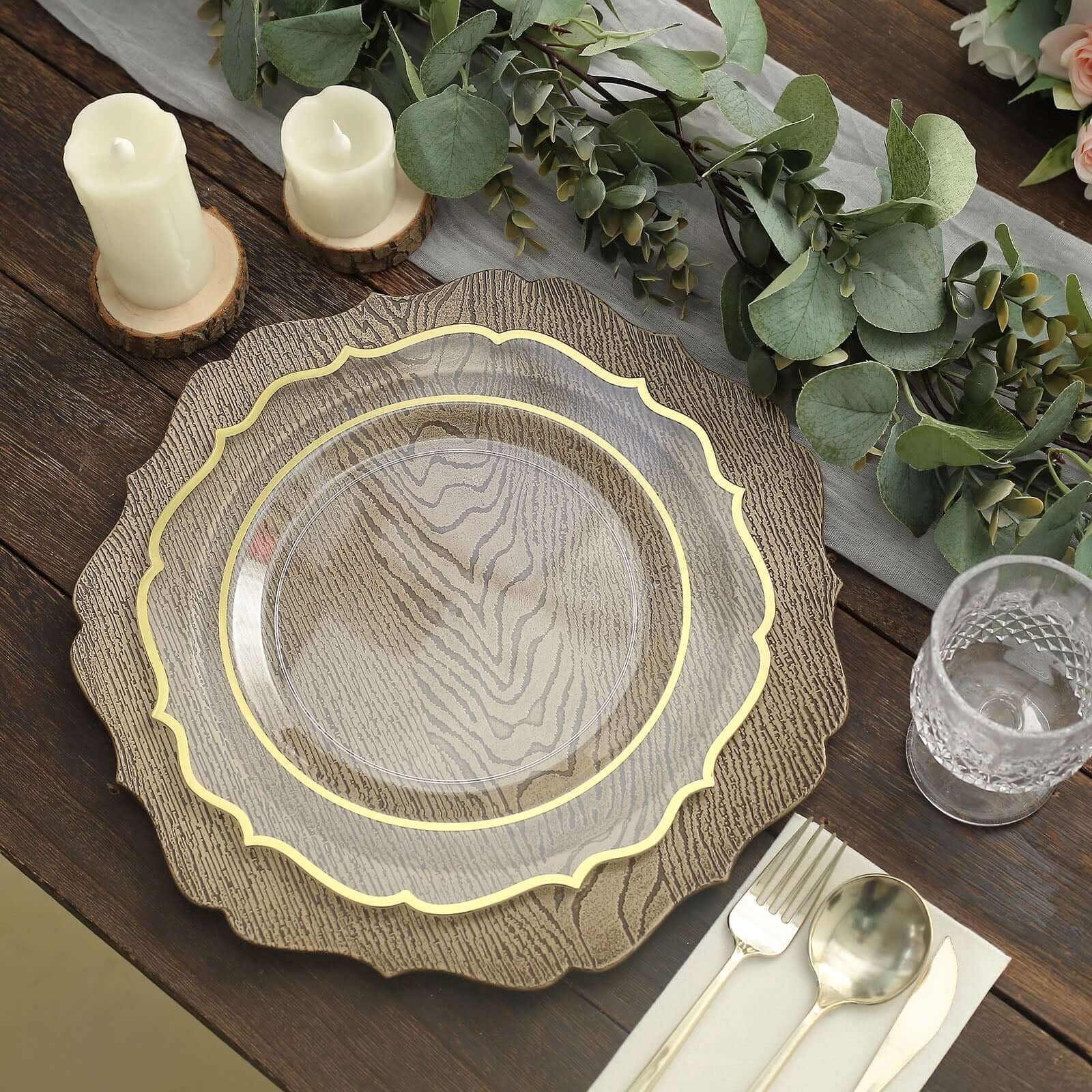 6-Pack Acrylic Round Charger Plates 13" in Rustic Natural with Wood Grain Scalloped Rim, Decorative Dinner Party Charger Tableware