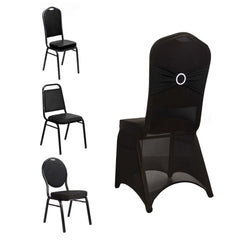 Spandex Chair Cover with Silver Rhinestone Buckled Sash Band Black - Stylish Stretch Fitted Slipcover for Banquets & Events
